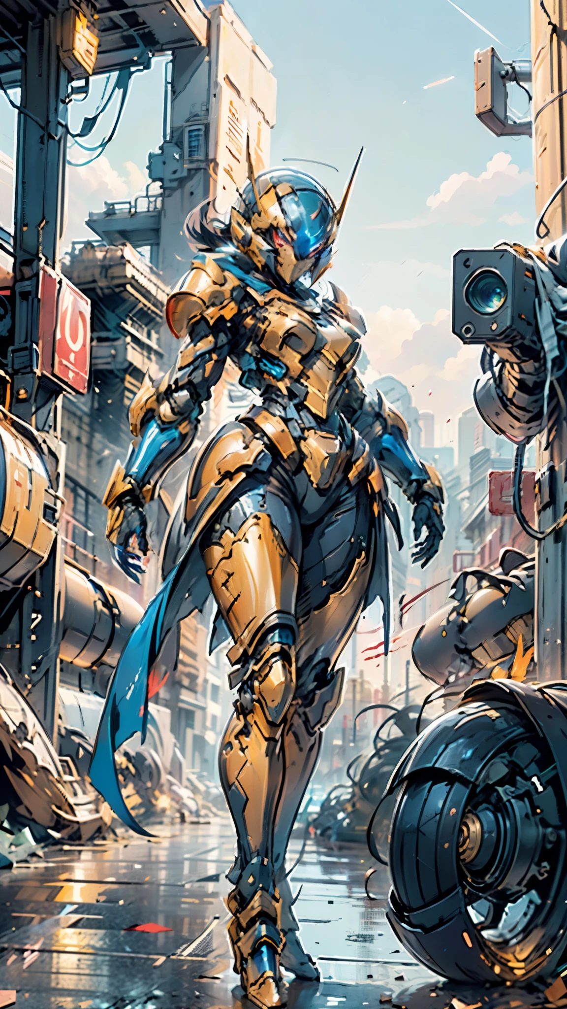 A woman adorned in fantasy-style full-body armor, a crown-concept fully enclosed helmet that unveils only her eyes, a composite layered chest plate, fully encompassing shoulder and hand guards, a lightweight waist armor, form-fitting shin guards, the overall design is heavy-duty yet flexible, ((the armor gleams with a golden glow, complemented by red and blue accents)), exhibiting a noble aura, she floats above a fantasy-surreal high-tech city, this character embodies a finely crafted fantasy-surreal style armored hero in anime style, exquisite and mature manga art style, (Queen bee mixed with Spider concept Armor, plasma, blood), ((Element, energy, elegant, goddess, femminine:1.5)), metallic, high definition, best quality, highres, ultra-detailed, ultra-fine painting, extremely delicate, professional, anatomically correct, symmetrical face, extremely detailed eyes and face, high quality eyes, creativity, RAW photo, UHD, 32k, Natural light, cinematic lighting, masterpiece-anatomy-perfect, masterpiece:1.5