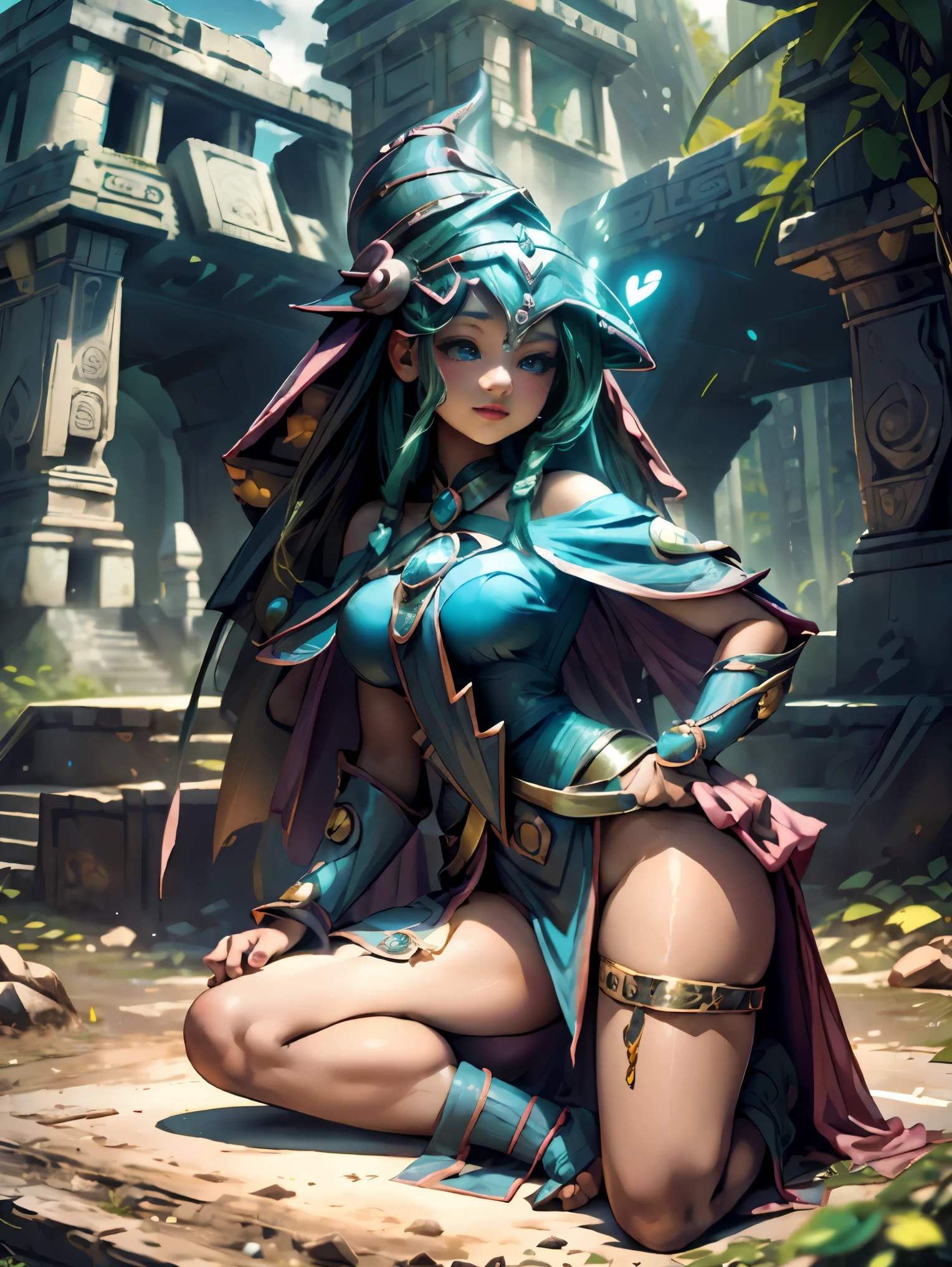 Dark magician gils vestida con traje maya, ella esta parada, Magic hearts background. Sonrisa en sus labios. Ojos celestes. Cabello rubio. Pose sensual. Levitando en una pie. Background of Mayan ruins and a magical stone portal