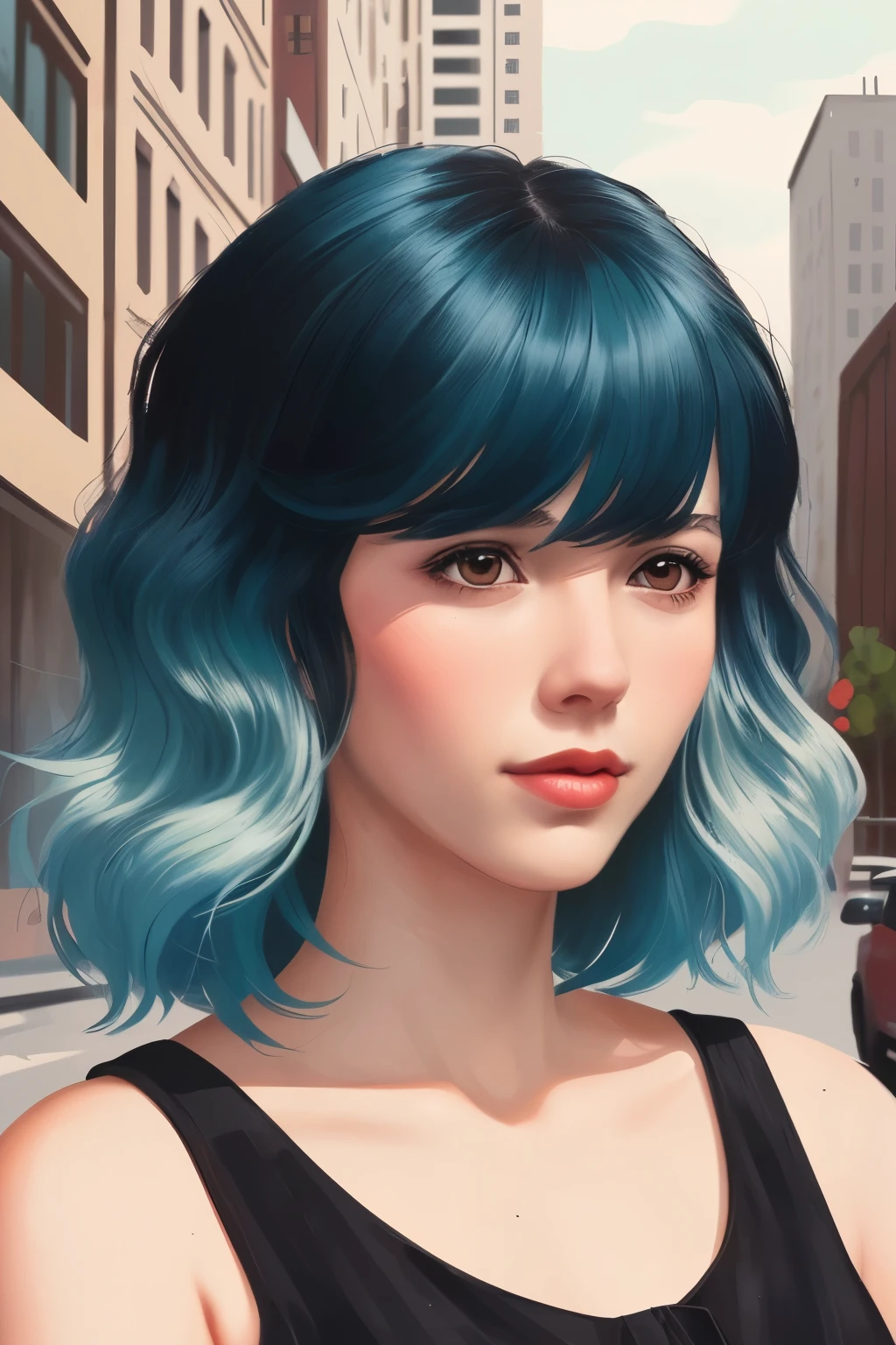 ((best quality)), ((illustration)), (detailed), perfect face, german woman, looking at us, single mom, ombre blue green hair, wavy hair, shoulder length hair, bangs, black brown eyes, city