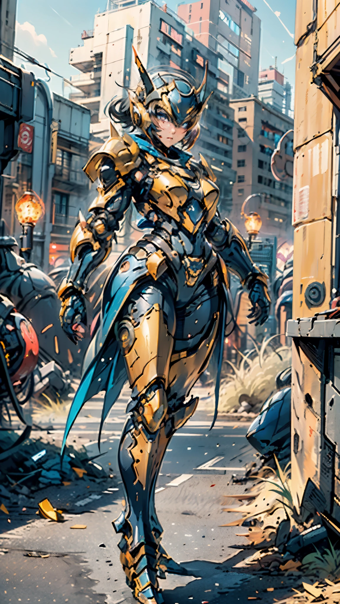 A woman adorned in fantasy-style full-body armor, a crown-concept fully enclosed helmet that unveils only her eyes, a composite layered chest plate, fully encompassing shoulder and hand guards, a lightweight waist armor, form-fitting shin guards, the overall design is heavy-duty yet flexible, ((the armor gleams with a golden glow, complemented by red and blue accents)), exhibiting a noble aura, she floats above a fantasy-surreal high-tech city, this character embodies a finely crafted fantasy-surreal style armored hero in anime style, exquisite and mature manga art style, (Queen bee mixed with Spider concept Armor, plasma, blood), ((Element, energy, elegant, goddess, femminine:1.5)), metallic, high definition, best quality, highres, ultra-detailed, ultra-fine painting, extremely delicate, professional, anatomically correct, symmetrical face, extremely detailed eyes and face, high quality eyes, creativity, RAW photo, UHD, 32k, Natural light, cinematic lighting, masterpiece-anatomy-perfect, masterpiece:1.5