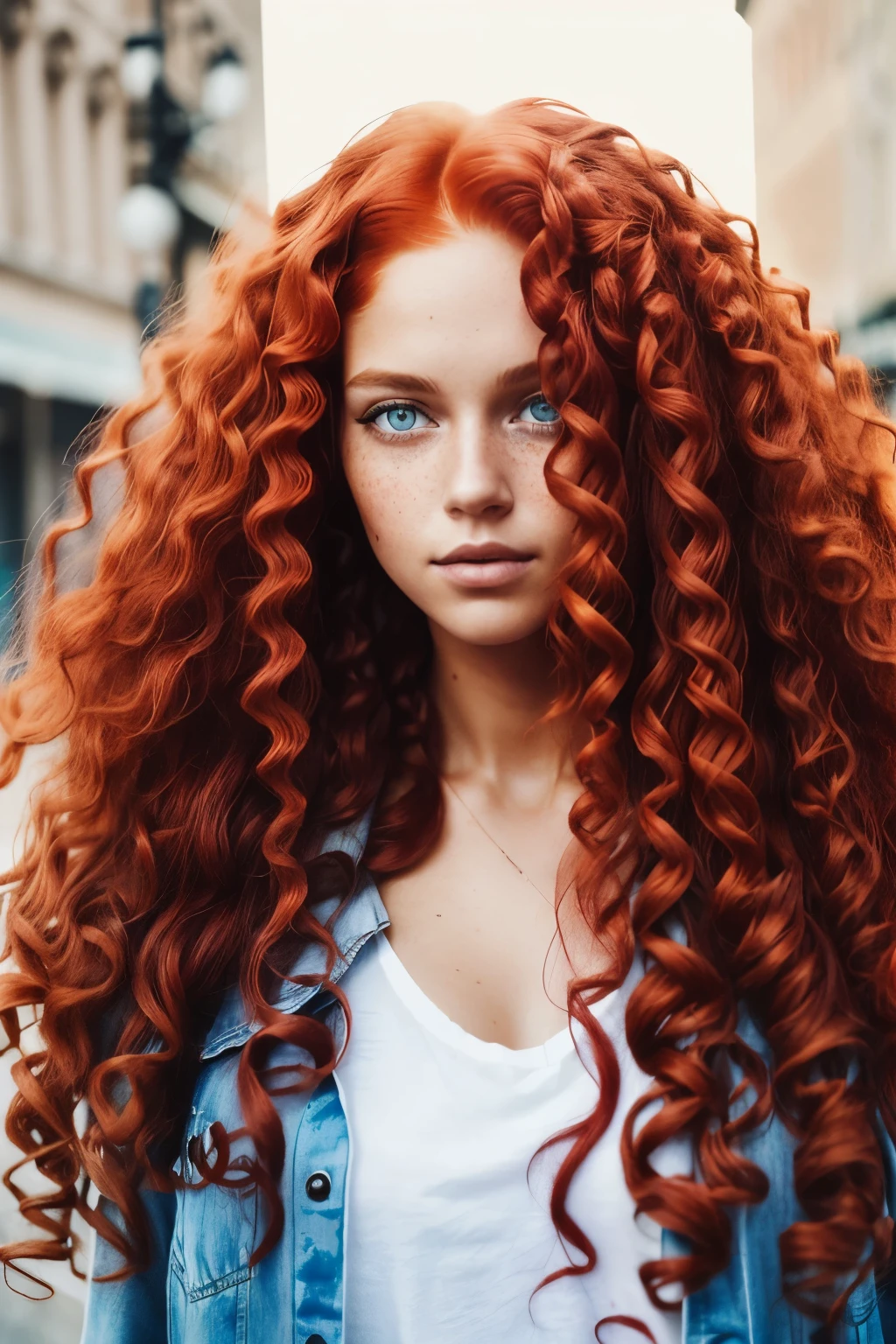 (((long fluffy curly red hair))) face portrait of An extremely Beautiful young Woman, tanned skin, blue eyes, freckle, modern dark clothes,dark modern clothes, urban background, gritty sharp focus, intricate,
watercolor, long red hair, long hair, orange hair,
