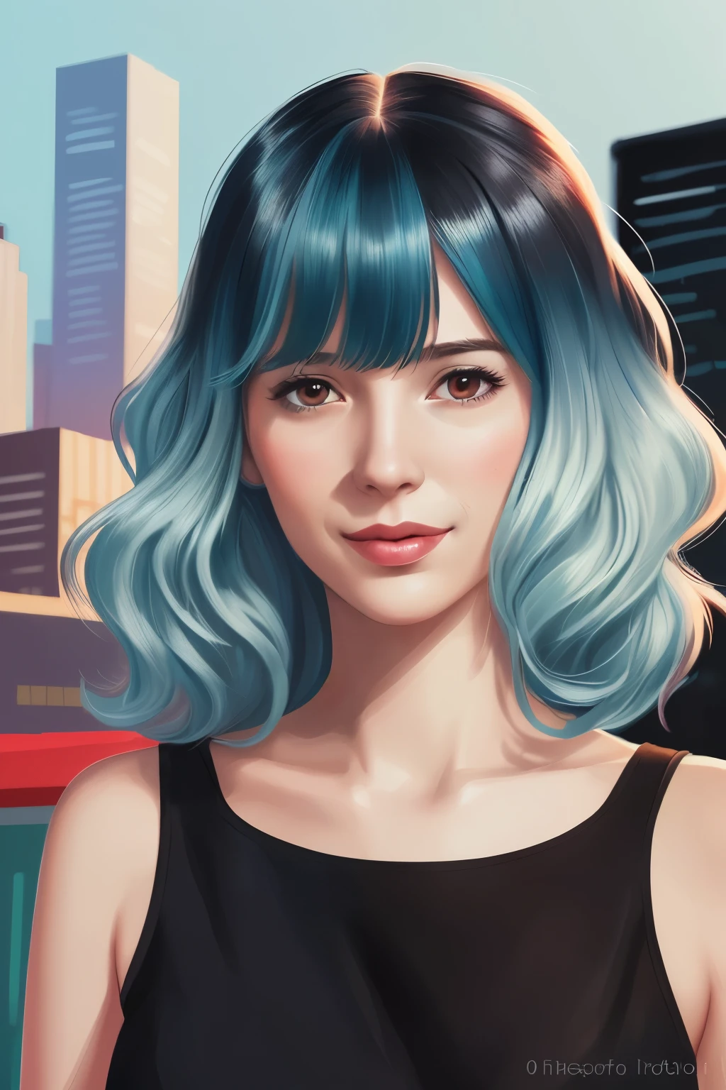 ((best quality)), ((illustration)), (detailed), perfect face, german woman, 35 years old, looking at us, single mom, ombre blue green hair, wavy hair, shoulder length hair, bangs, black brown eyes, city