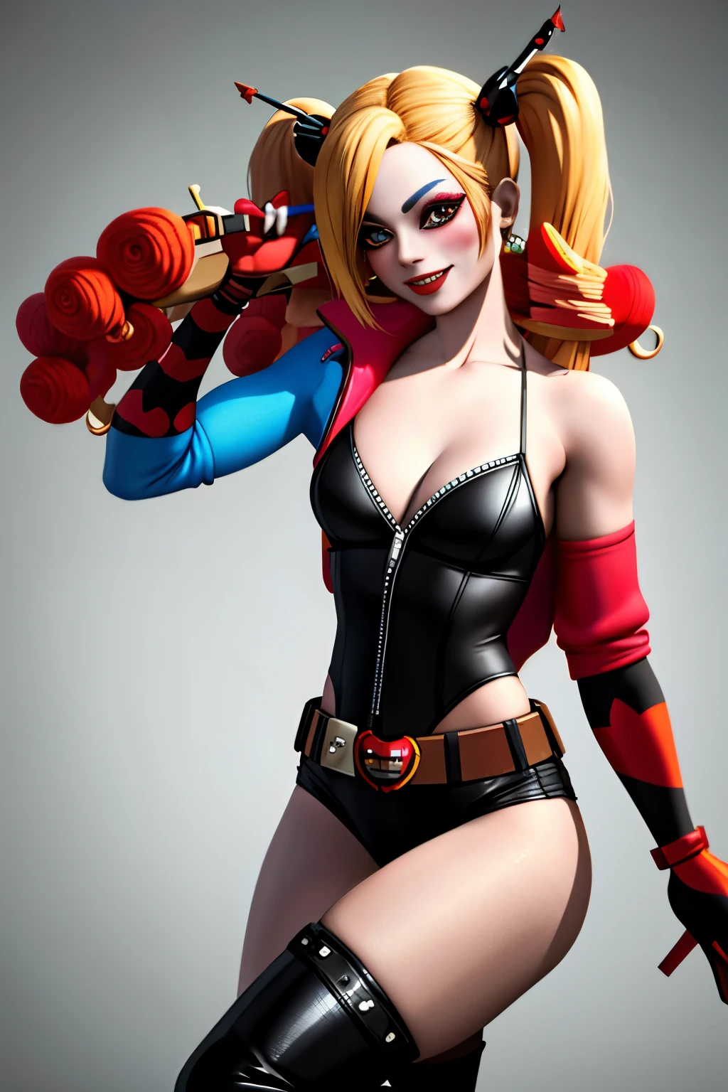 (Harley Quinn 3D render: 1.1)
(harleyquinn, pistol: 0.5, flower: 0.5)
A stunning 3D render of Harley Quinn, the iconic DC Comics character, beautifully captured in all her detail. With a mischievous grin on her face, she stands tall and confident, holding a pistol in one hand and a fragrant flower in the other. Her vibrant red and black harlequin suit, complete with a belt and knee-high boots, accentuates her curves. Her hair, a wild bouquet of red curls, frames her face as she fixes her gaze on the viewer. The pistol
