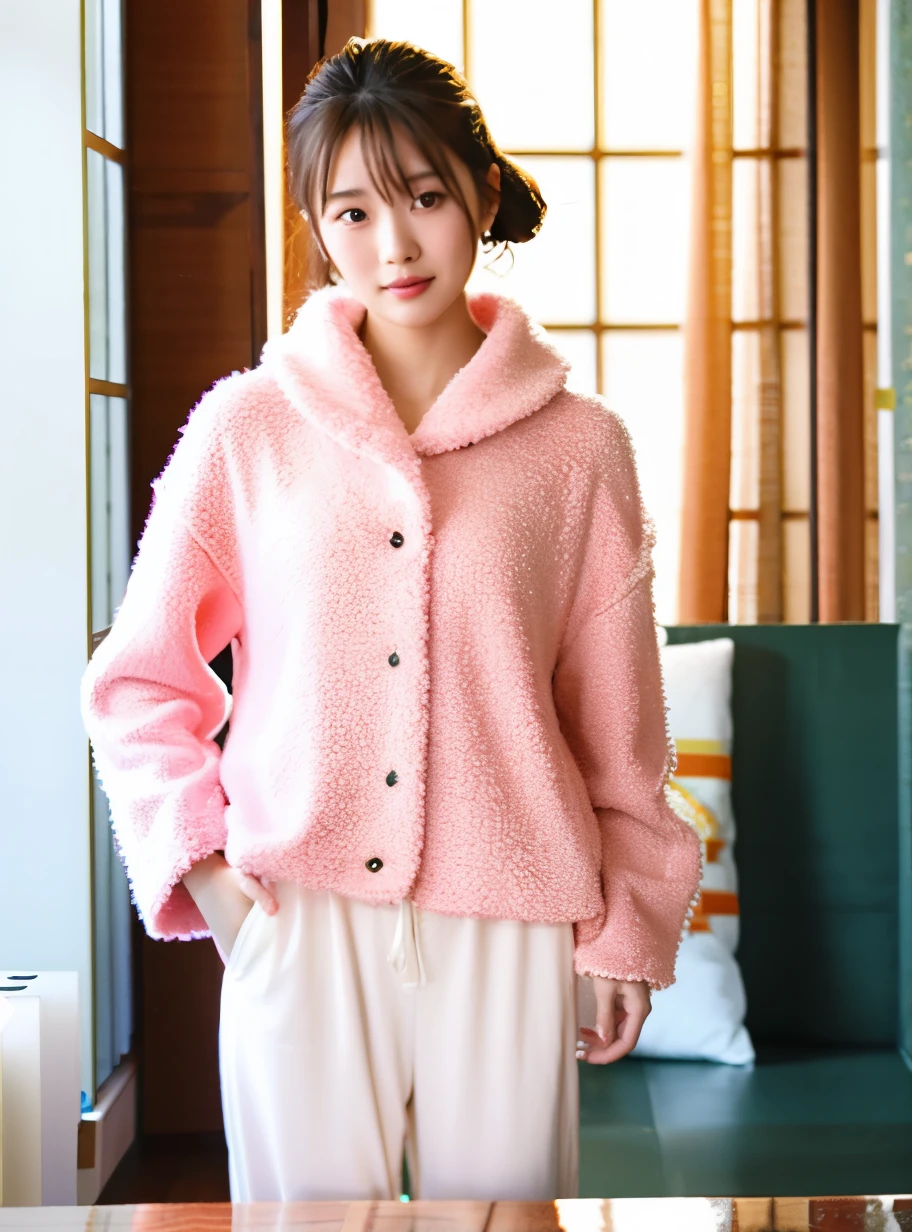 A Japanese woman wearing pajamas was standing in the room., reluvy5213, 19 year old girl, Ulzzang, warm colored clothes, pale red, 2263539546], soft - warm, slim、slender、model body shape