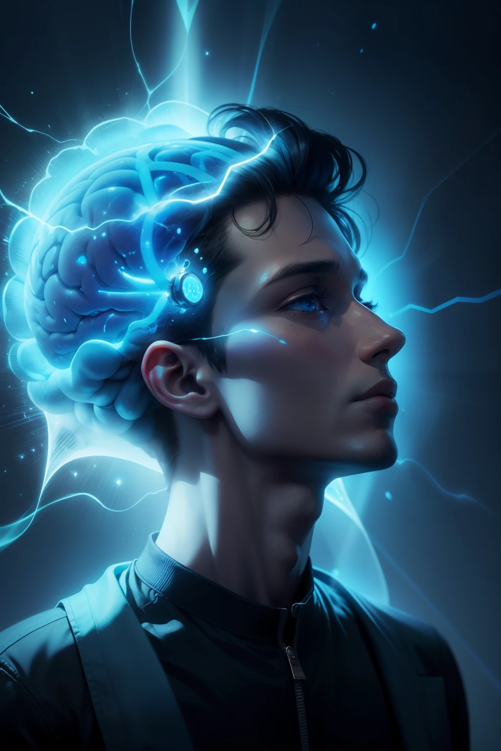 blue human brain attracting with small rays a lot of money around him