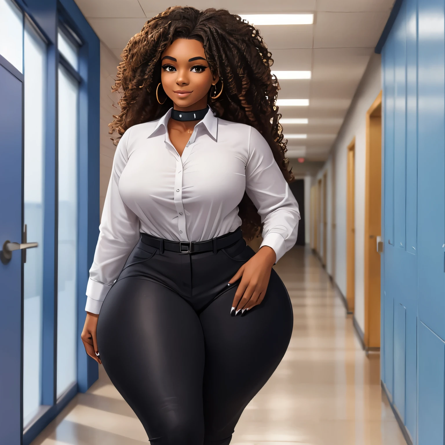 1 Beautiful brown skin girl wearing tight black pants and a white collar shirt with some unbuttoned, she is walking in a school hallway, she is shirt short and curvaceous with big thighs and a big butt, she has brown long very curly hair