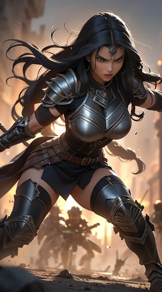 formidable female warrior, full-body black armor. The armor is intricately detailed and designed for both agility and strength, with an elegant yet menacing aesthetic. Her long blue hair flows wildly around her, capturing the dynamic motion and ferocity of battle. Her stance is aggressive and powerful, suggesting she is actively engaged in combat. The warrior's expression is focused, The background is a blurred portrayal of a chaotic battlefield, emphasizing the tumult of the fight and her fierce engagement in the midst of it. The overall effect is a striking portrayal of a warrior in the throes of combat, exuding untamed power., UHD, masterpiece, textured skin, super detail, high details, high quality, best quality
