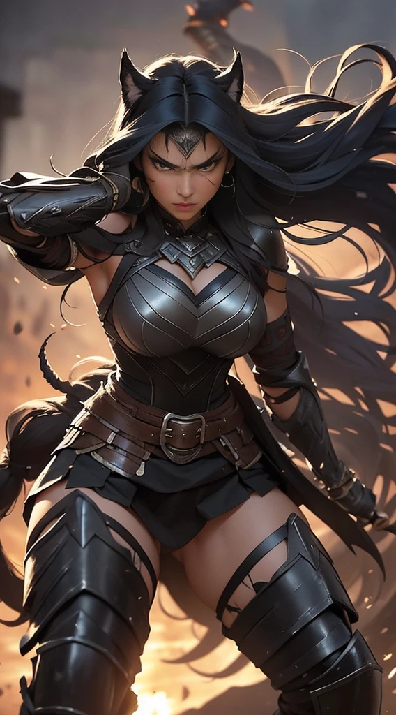 formidable female warrior, full-body black armor. The armor is intricately detailed and designed for both agility and strength, with an elegant yet menacing aesthetic. Her long blue hair flows wildly around her, capturing the dynamic motion and ferocity of battle. Her stance is aggressive and powerful, suggesting she is actively engaged in combat. The warrior's expression is focused, The background is a blurred portrayal of a chaotic battlefield, emphasizing the tumult of the fight and her fierce engagement in the midst of it. The overall effect is a striking portrayal of a warrior in the throes of combat, exuding untamed power., UHD, masterpiece, textured skin, super detail, high details, high quality, best quality