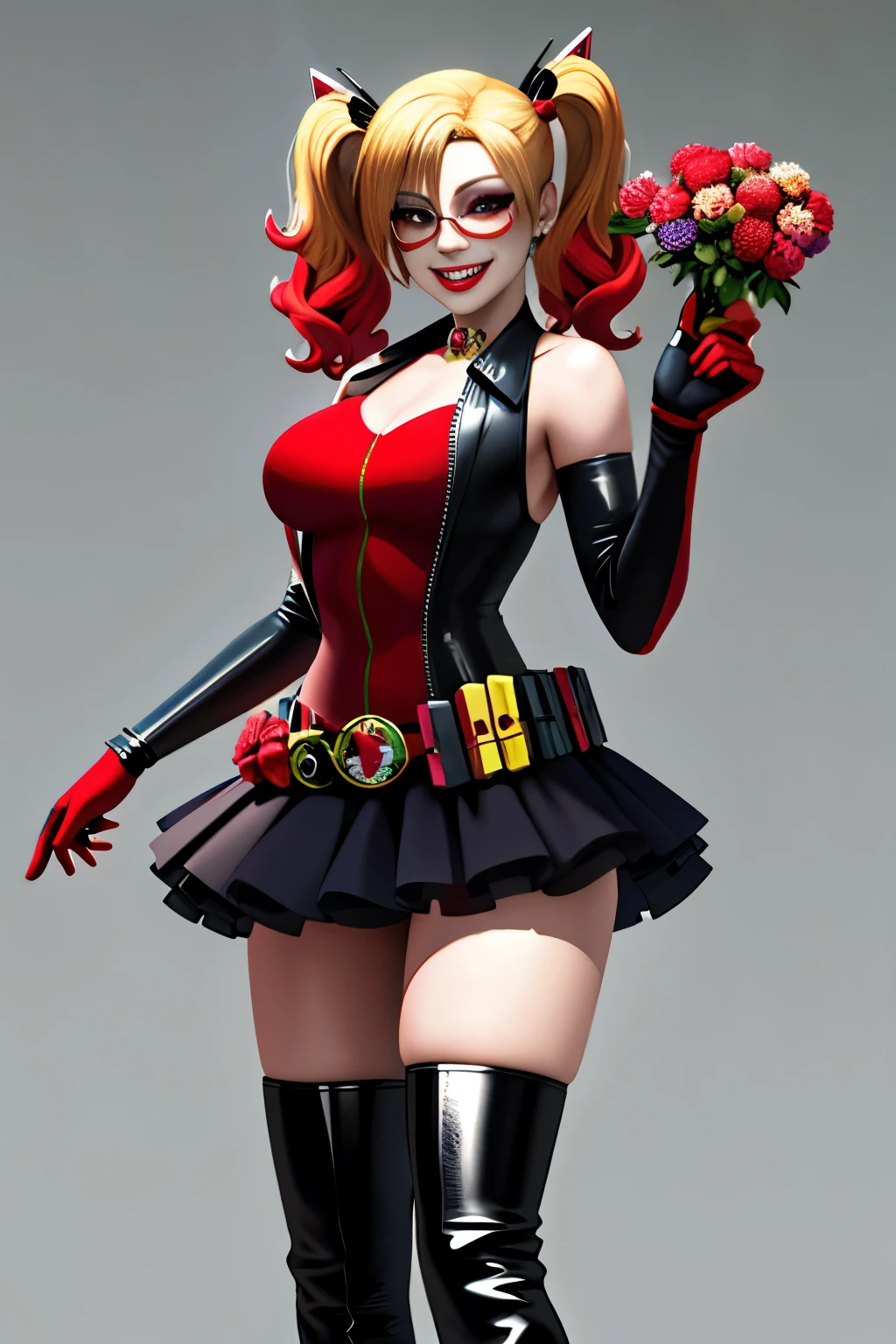 (Harley Quinn 3D render: 1.1)
(harleyquinn, pistol: 0.5, flower: 0.5)

A stunning 3D render of Harley Quinn, the iconic DC Comics character, beautifully captured in all her detail. With a mischievous grin on her face, she stands tall and confident, holding a pistol in one hand and a fragrant flower in the other. Her vibrant red and black harlequin suit, complete with a belt and knee-high boots, accentuates her curves. Her hair, a wild bouquet of red curls, frames her face as she fixes her gaze on the viewer. The pistol