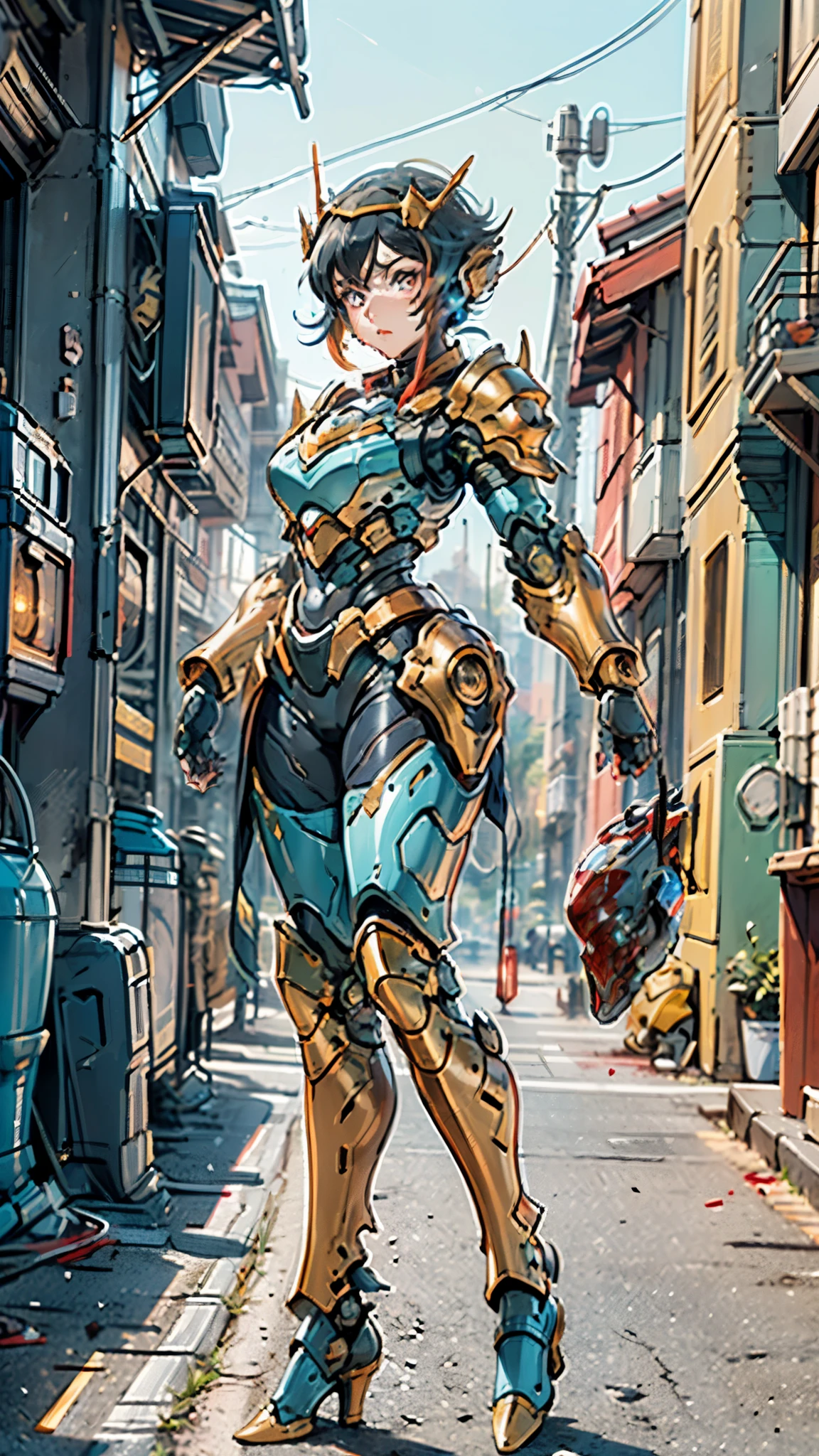 A woman adorned in fantasy-style full-body armor, a crown-concept fully enclosed helmet that unveils only her eyes, a composite layered chest plate, fully encompassing shoulder and hand guards, a lightweight waist armor, form-fitting shin guards, the overall design is heavy-duty yet flexible, ((the armor gleams with a golden glow, complemented by red and blue accents)), exhibiting a noble aura, she floats above a fantasy-surreal high-tech city, this character embodies a finely crafted fantasy-surreal style armored hero in anime style, exquisite and mature manga art style, (Queen bee mixed with Spider concept Armor, plasma, blood), ((Element, energy, elegant, goddess, femminine:1.5)), metallic, high definition, best quality, highres, ultra-detailed, ultra-fine painting, extremely delicate, professional, anatomically correct, symmetrical face, extremely detailed eyes and face, high quality eyes, creativity, RAW photo, UHD, 32k, Natural light, cinematic lighting, masterpiece-anatomy-perfect, masterpiece:1.5