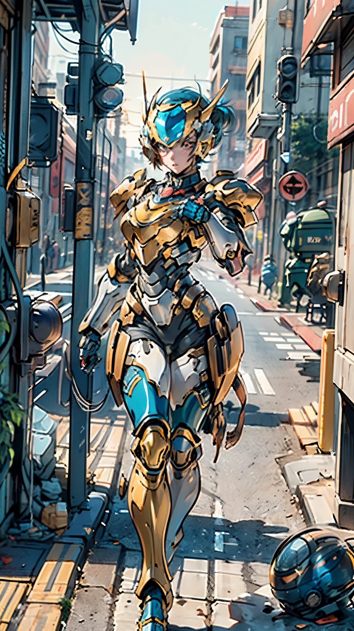 A woman adorned in fantasy-style full-body armor, a crown-concept fully enclosed helmet that unveils only her eyes, a composite layered chest plate, fully encompassing shoulder and hand guards, a lightweight waist armor, form-fitting shin guards, the overall design is heavy-duty yet flexible, ((the armor gleams with a golden glow, complemented by red and blue accents)), exhibiting a noble aura, she floats above a fantasy-surreal high-tech city, this character embodies a finely crafted fantasy-surreal style armored hero in anime style, exquisite and mature manga art style, (Queen bee mixed with Spider concept Armor, plasma, blood), ((Element, energy, elegant, goddess, femminine:1.5)), metallic, high definition, best quality, highres, ultra-detailed, ultra-fine painting, extremely delicate, professional, anatomically correct, symmetrical face, extremely detailed eyes and face, high quality eyes, creativity, RAW photo, UHD, 32k, Natural light, cinematic lighting, masterpiece-anatomy-perfect, masterpiece:1.5