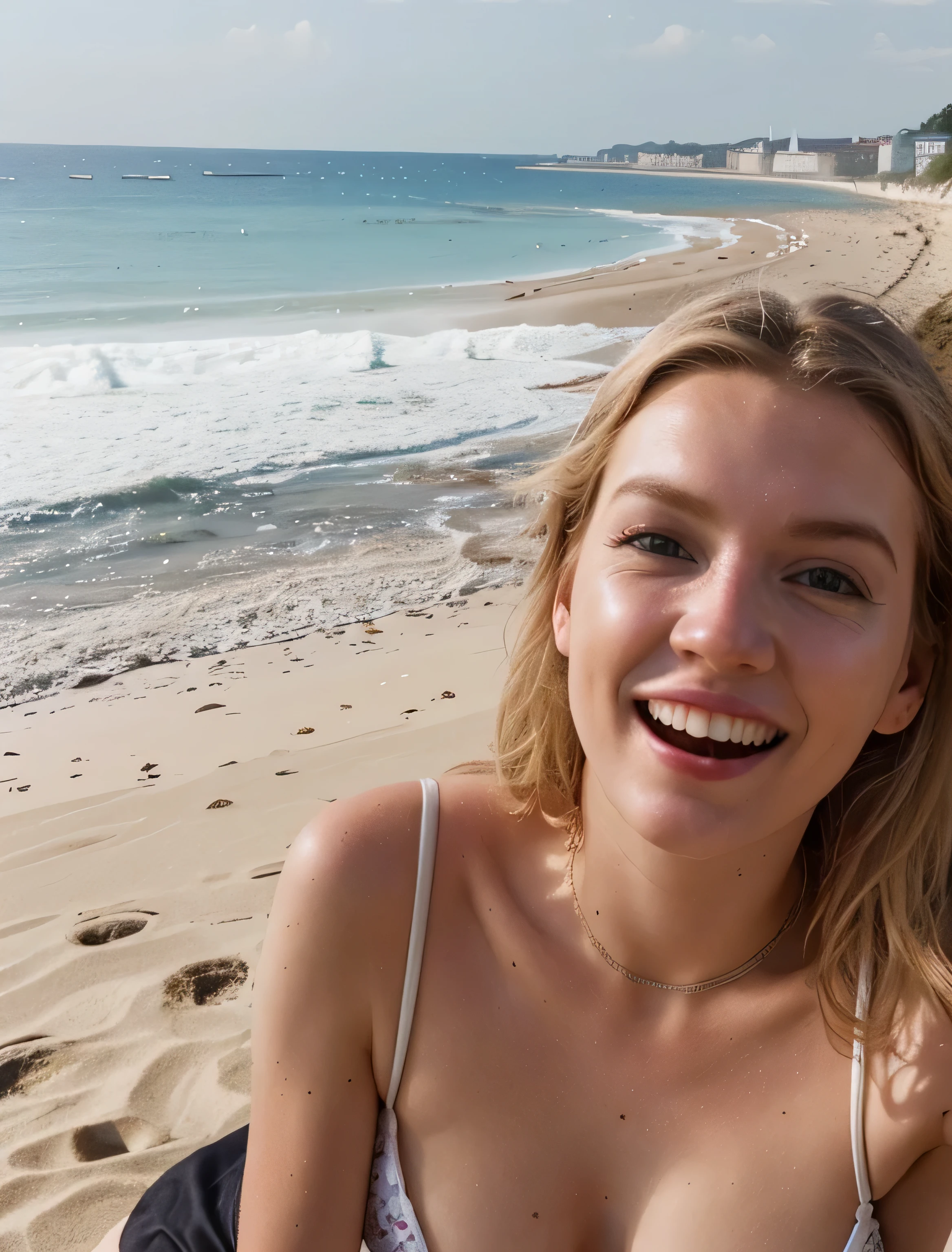 blonde woman with blue eyes, 45 years old smiling, in the beach, naked, hair blowingwith beautiful scenery, detailed face, abs, from below, low angle shot, trimmed pussy