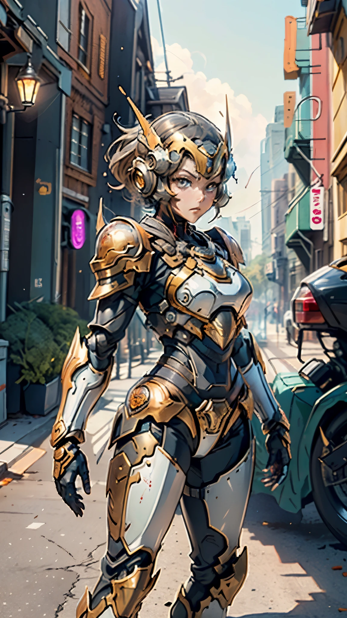 A woman adorned in fantasy-style full-body armor, a crown-concept fully enclosed helmet that unveils only her eyes, a composite layered chest plate, fully encompassing shoulder and hand guards, a lightweight waist armor, form-fitting shin guards, the overall design is heavy-duty yet flexible, ((the armor gleams with a golden glow, complemented by red and blue accents)), exhibiting a noble aura, she floats above a fantasy-surreal high-tech city, this character embodies a finely crafted fantasy-surreal style armored hero in anime style, exquisite and mature manga art style, (Queen bee mixed with Spider concept Armor, plasma, blood), ((Element, energy, elegant, goddess, femminine:1.5)), metallic, high definition, best quality, highres, ultra-detailed, ultra-fine painting, extremely delicate, professional, anatomically correct, symmetrical face, extremely detailed eyes and face, high quality eyes, creativity, RAW photo, UHD, 32k, Natural light, cinematic lighting, masterpiece-anatomy-perfect, masterpiece:1.5