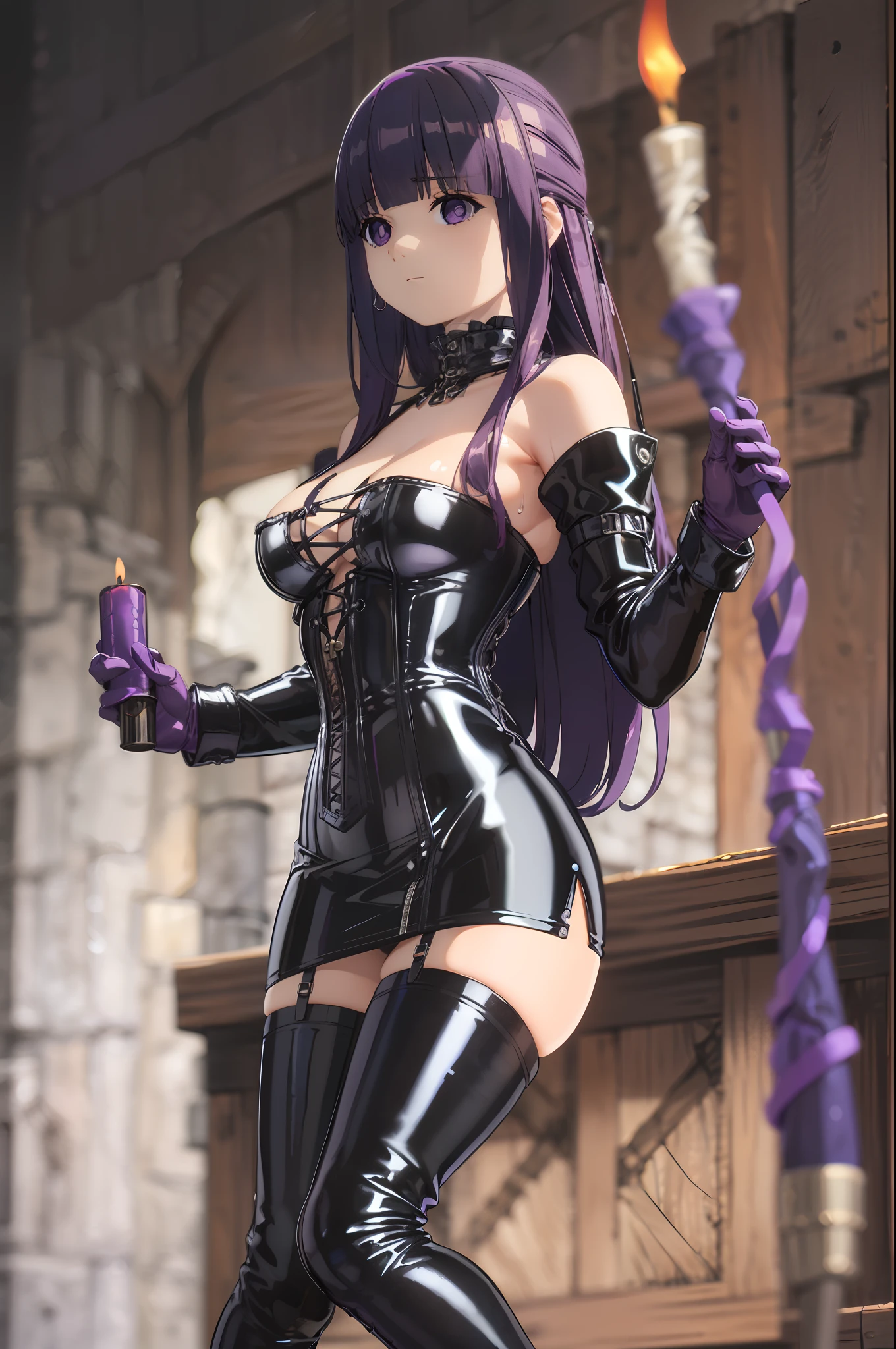 (highest quality, masterpiece),sexy, erotic, 1 girl, 18-year-old, despise, proud, purple long hair, ((purple eyes)), looking at the viewer, medieval tabernacle, (close), ((dark room)), Sweat, the candle is lit, (((No expression))), ((cleavage)), Mr.々Inside a torture chamber with various tools、sexyなポーズ、open your legs、
BDSM、(((black latex corset dress)))、The corset is decorated with beautiful embroidery.、corset dress with shoulder straps、(((black latex tight miniskirt)))、first round、Black Thigh Boots、high heel boots、No expression