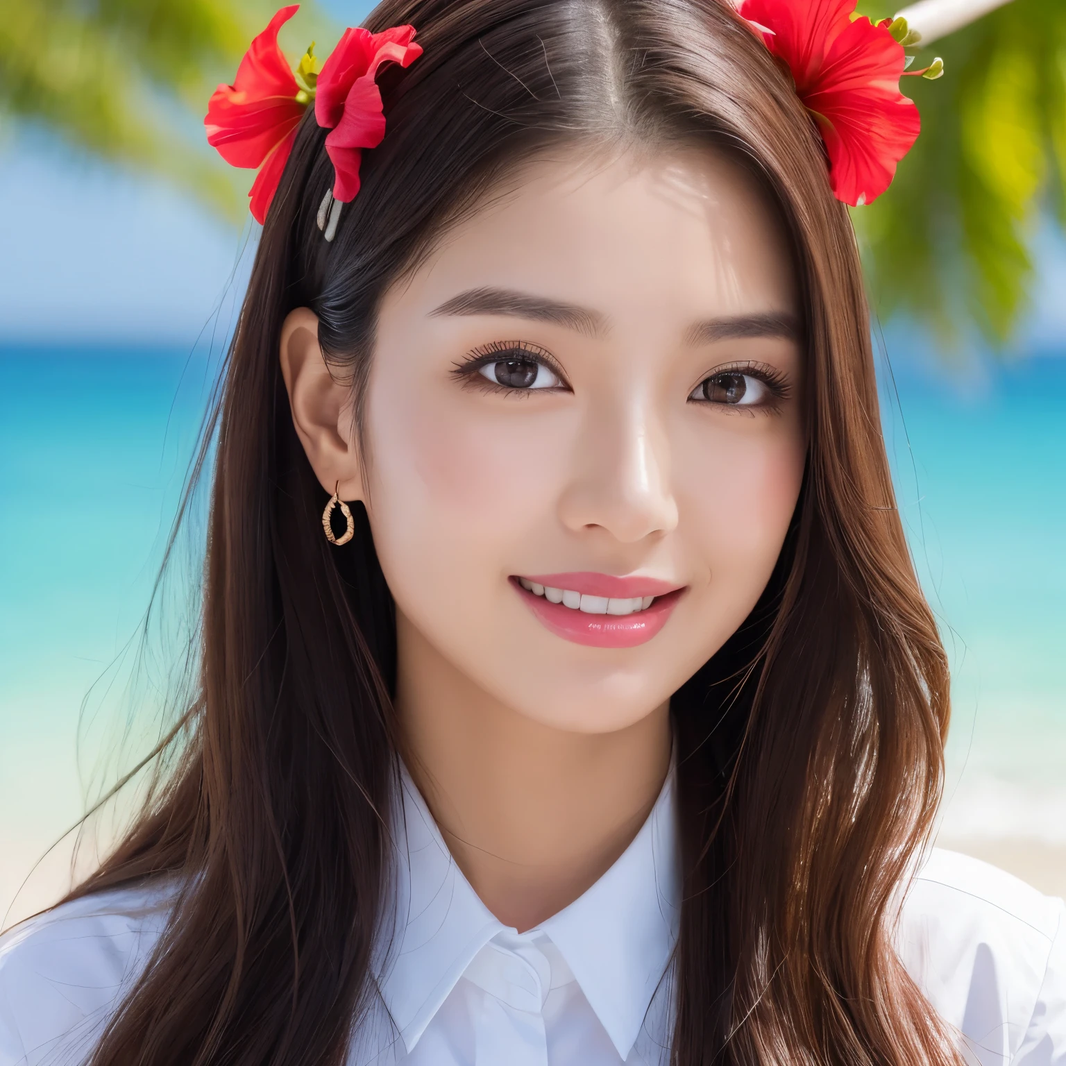 ((highest quality、table top、8k、best image quality、extremely complex and detailed depiction))、(1 person photo:1.1)、The best smile staring at the camera、(beautiful beach:1.05)、(fully expose the chest:1.1)、(One big red hibiscus on the head:1.15)、(White polyester shirt worn unbuttoned:1.2)、high school uniform、(Huge breasts that are about to burst:1.1)、(emphasize body line:1.1)、cleavage、(close up of face:1.4)、glamorous body、hair swaying in the wind、sandy beach、beautiful sea、Recreate the perfect details of a deserted island、(clear, Sparkling, live bee:1.1)、Complex sea glow、beautiful seaの詳細が描かれています、Brightly lit face、Ultra high definition beauty face、ultra high definition hair、Super high-definition Sparkling eyes、(Pure white skin shining in ultra-high resolution:1.1)、Super high resolution glossy lips、sculpture pose、(very bright and vivid:1.2)