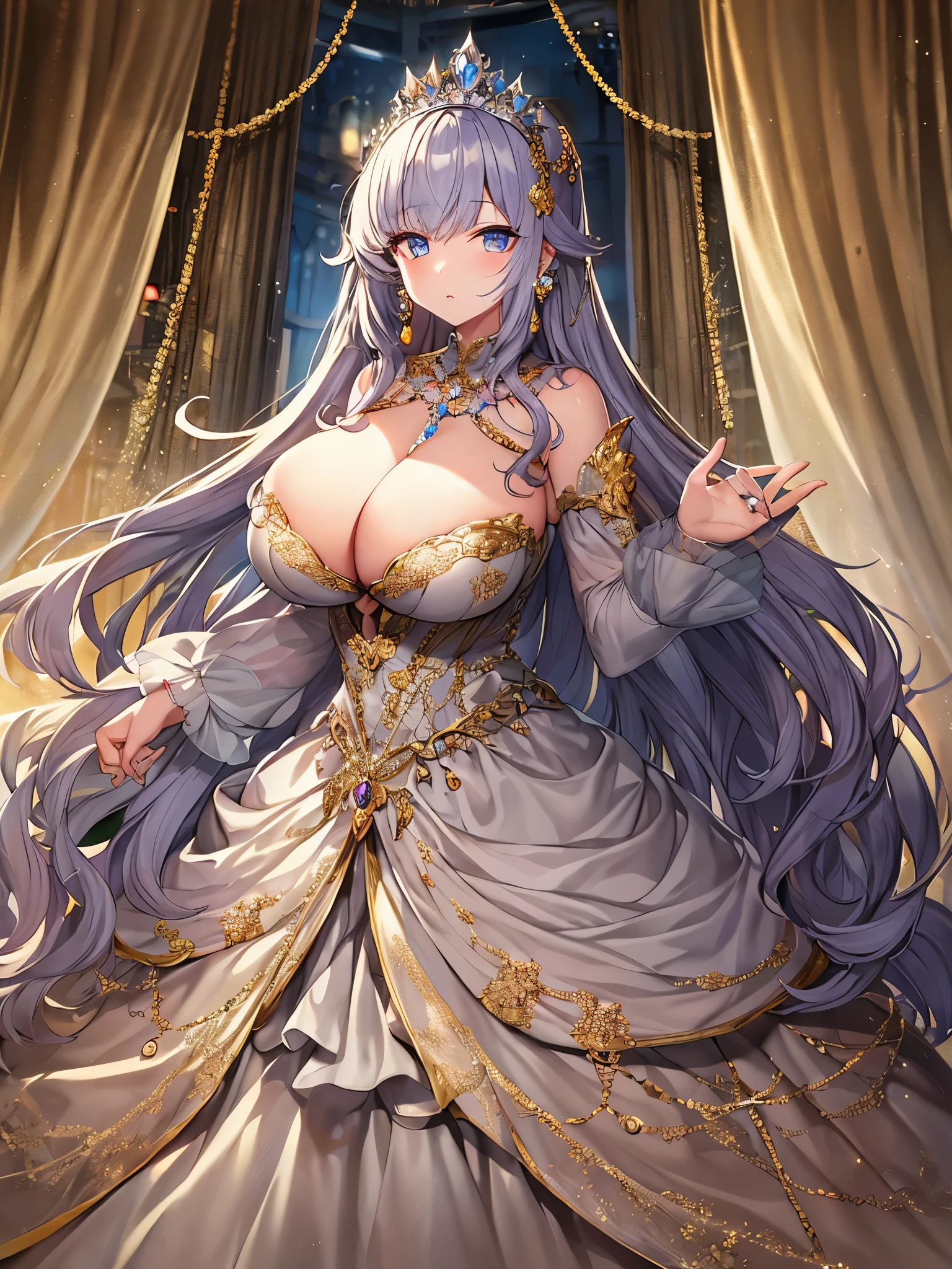 anime artstyle,Masterpiece,Best Quality,Super Detail,Very Delicate and Beautiful,Solo,full body,full body portrait,((1 bling-bling princess in a jeweled rococo ballgown with beautiful embroidery)),(((very very gigantic tits))),cleavage,Skindentation,((fantasy castle,outdoor)),((crinoline,long train)),super detailed gorgeous princess ballgown with voluminous full length hoop skirt,gorgeous princess rococo ballgown with long train,gorgeous princess rococo ballgown with beautiful embroidery and jeweled,(detailed face and eyes),jewel-like eyes,((big hair,extremely voluminous straight Hair,Extremely Long Straight Hair)),extremely gorgeous hair ornament,((extremely gorgeous bling-bling big tiara)),bling-bling luxurious jewelry,((super detailed jeweled gorgeous princess rococo ballgown with voluminous full length hoop skirt)),full body