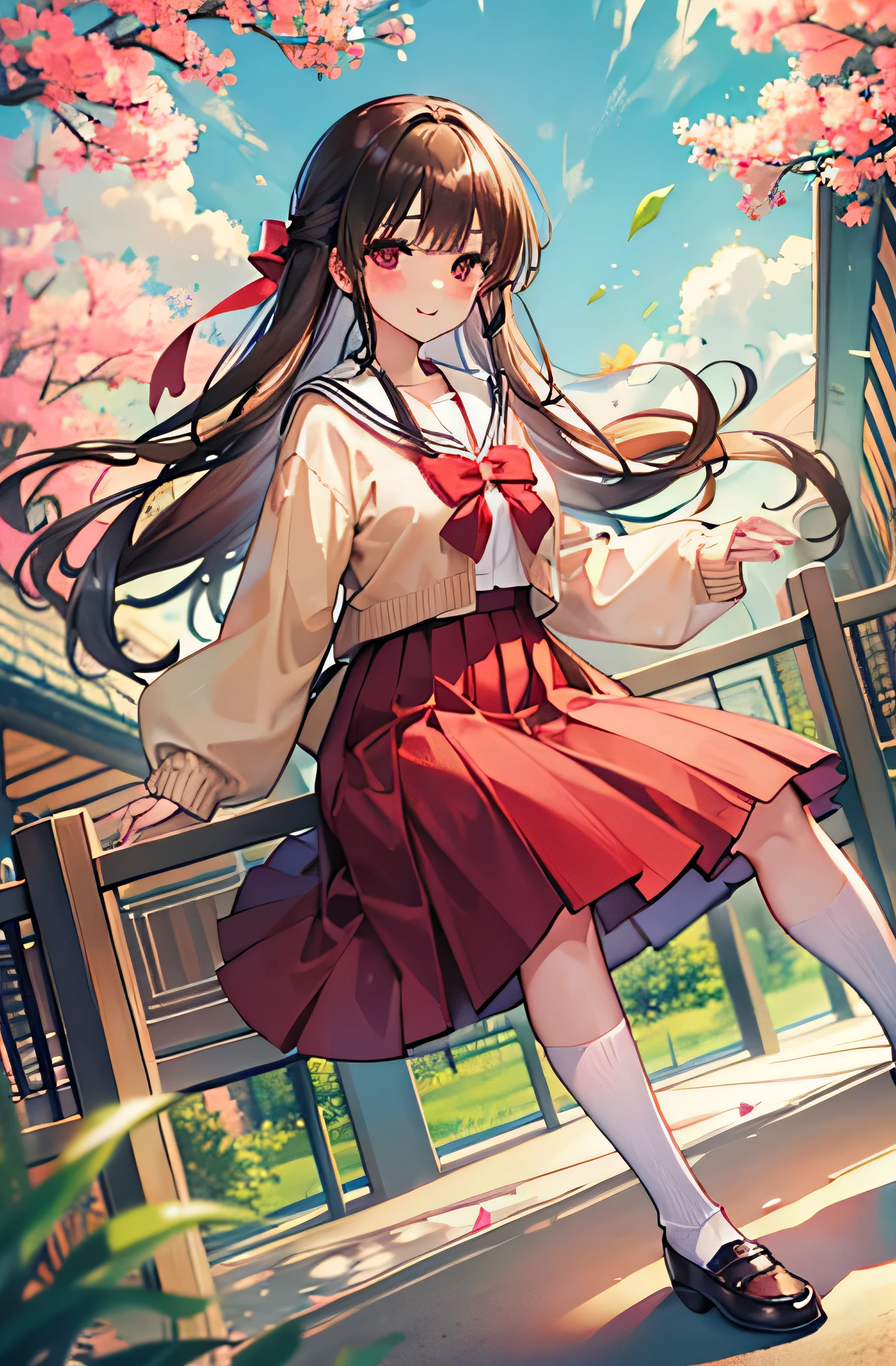 1girl, best quality, nagamori mizuka, ONE kagayaku kisetsu he, red eyes, long hair, light brown hair, lace behind hair, yellow lace, school uniform, red skirt, knee length skirt, white socks, brown shoes, white shirt with a red bow, sand colored cardigan sweater, smiling, full body, outdoors, spring scenery