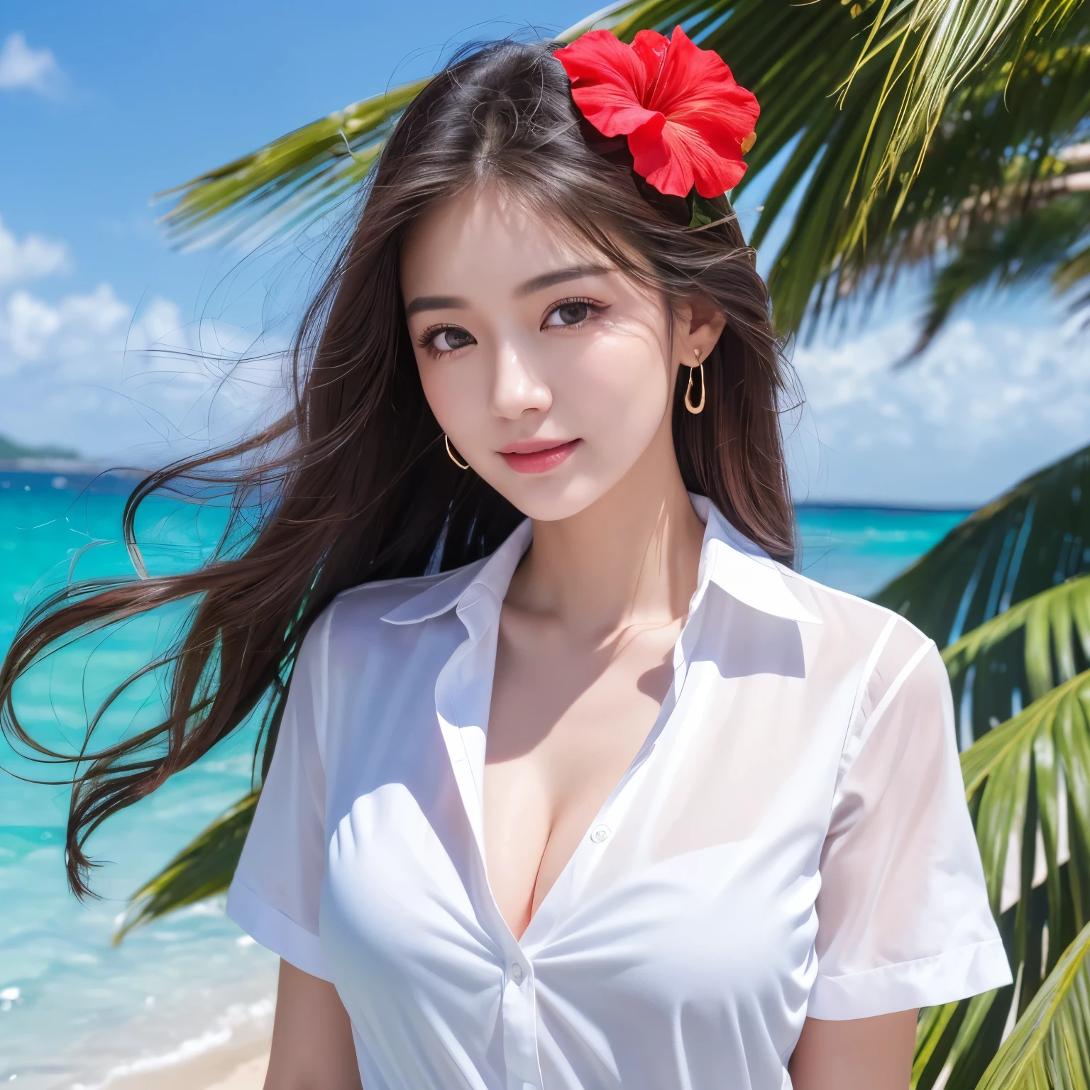 ((highest quality、table top、8k、best image quality、extremely complex and detailed depiction))、(1 person photo:1.1)、The best smile staring at the camera、(beautiful beach:1.05)、(fully expose the chest:1.1)、(One big red hibiscus on the head:1.2)、(White polyester shirt worn unbuttoned:1.2)、high school uniform、(Huge breasts that are about to burst:1.1)、(emphasize body line:1.1)、cleavage、(close up of face:1.4)、glamorous body、hair swaying in the wind、sandy beach、beautiful sea、Recreate the perfect details of a deserted island、(clear, Sparkling, live bee:1.1)、Complex sea glow、beautiful seaの詳細が描かれています、Brightly lit face、Ultra high definition beauty face、ultra high definition hair、Super high-definition Sparkling eyes、(Pure white skin shining in ultra-high resolution:1.1)、Super high resolution glossy lips、sculpture pose、(very bright and vivid:1.4)