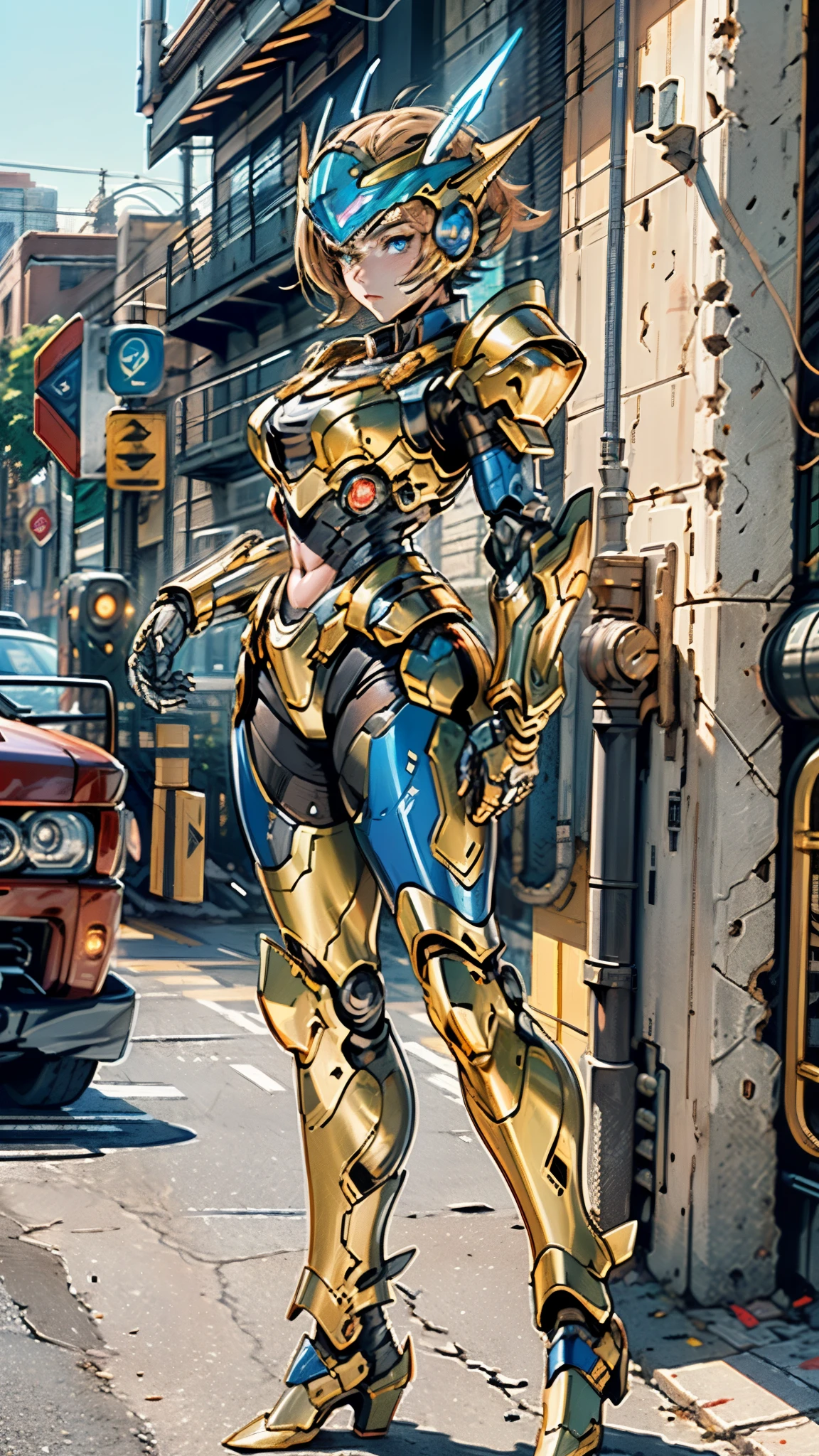 A woman adorned in fantasy-style full-body armor, a crown-concept fully enclosed helmet that unveils only her eyes, a composite layered chest plate, fully encompassing shoulder and hand guards, a lightweight waist armor, form-fitting shin guards, the overall design is heavy-duty yet flexible, ((the armor gleams with a golden glow, complemented by red and blue accents)), exhibiting a noble aura, she floats above a fantasy-surreal high-tech city, this character embodies a finely crafted fantasy-surreal style armored hero in anime style, exquisite and mature manga art style, (Queen bee mixed with Spider concept Armor, plasma, blood), ((Element, energy, elegant, goddess, femminine:1.5)), metallic, high definition, best quality, highres, ultra-detailed, ultra-fine painting, extremely delicate, professional, anatomically correct, symmetrical face, extremely detailed eyes and face, high quality eyes, creativity, RAW photo, UHD, 32k, Natural light, cinematic lighting, masterpiece-anatomy-perfect, masterpiece:1.5