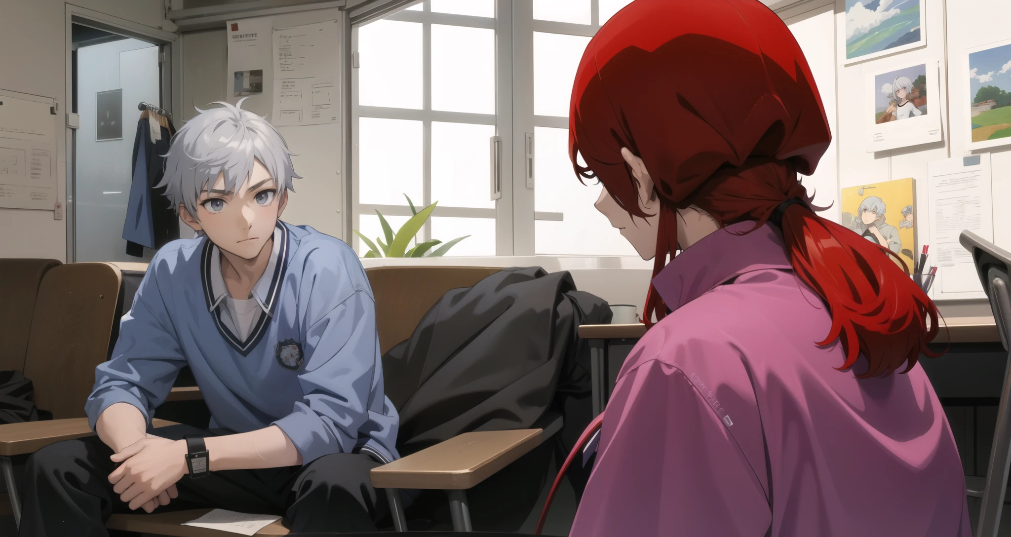 anime character a  school boy with blue school shirt silver hair gray eyes short hair sitting