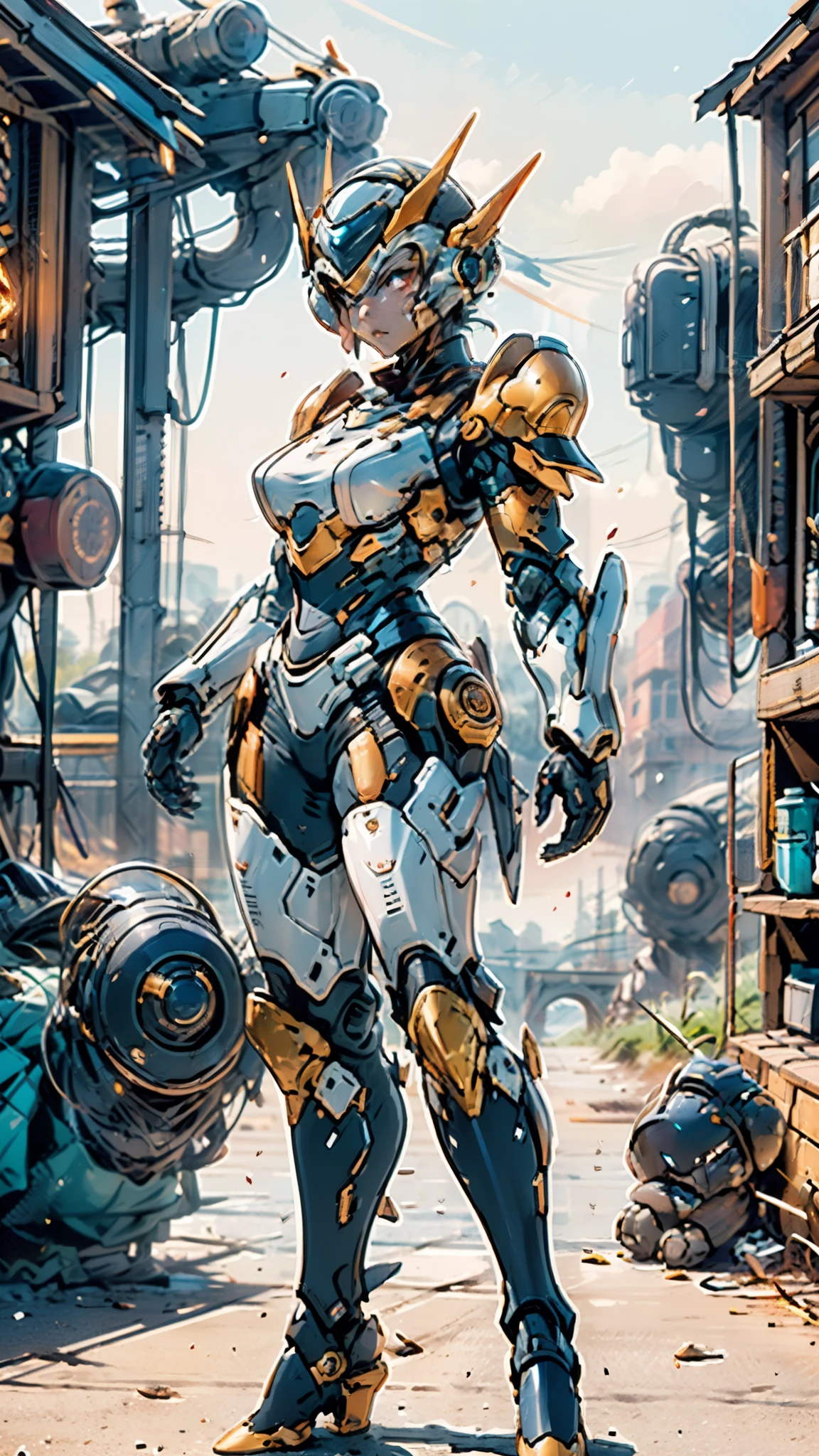 A woman adorned in fantasy-style full-body armor, a crown-concept fully enclosed helmet that unveils only her eyes, a composite layered chest plate, fully encompassing shoulder and hand guards, a lightweight waist armor, form-fitting shin guards, the overall design is heavy-duty yet flexible, ((the armor gleams with a golden glow, complemented by red and blue accents)), exhibiting a noble aura, she floats above a fantasy-surreal high-tech city, this character embodies a finely crafted fantasy-surreal style armored hero in anime style, exquisite and mature manga art style, (Queen bee mixed with Spider concept Armor, plasma, blood), ((Element, energy, elegant, goddess, femminine:1.5)), metallic, high definition, best quality, highres, ultra-detailed, ultra-fine painting, extremely delicate, professional, anatomically correct, symmetrical face, extremely detailed eyes and face, high quality eyes, creativity, RAW photo, UHD, 32k, Natural light, cinematic lighting, masterpiece-anatomy-perfect, masterpiece:1.5