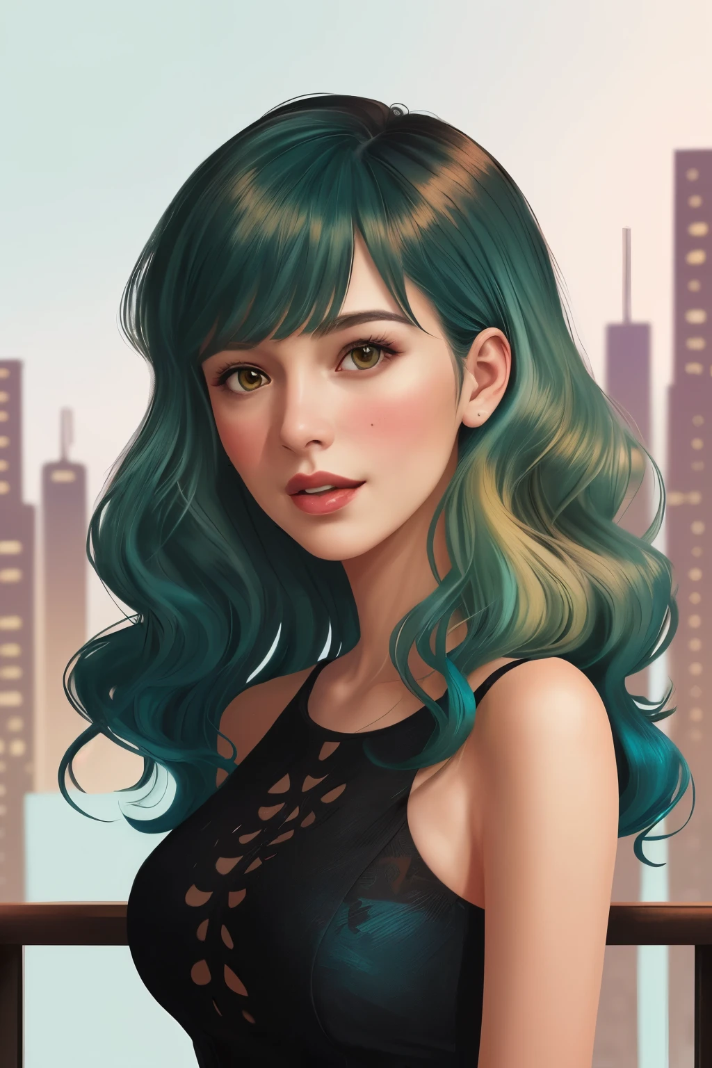 ((best quality)), ((illustration)), (detailed), perfect face, german woman, 35 years old, looking at us, single mom, ombre blue green hair, wavy hair, shoulder length hair, bangs, black brown eyes, tanned, thin lips, city
