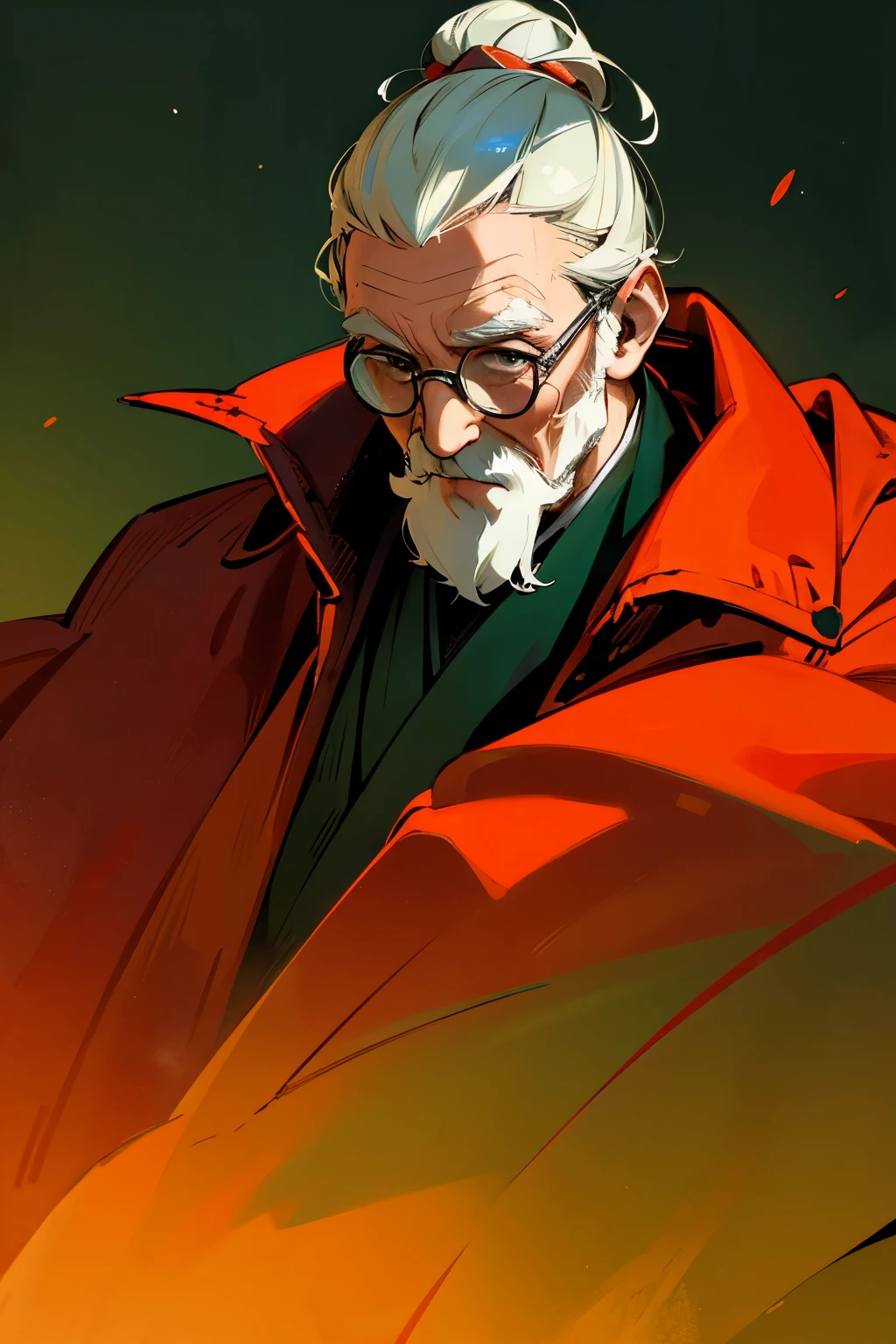 Star wars, old man, professional, hair bun, red and green robe, round glasses
