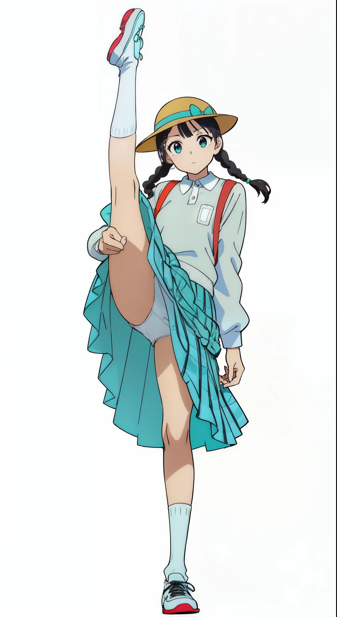 (best quality:2.0), (green tartan skirt:1.0), (right leg up:1.0), (right foot sneakers:1.0), (flower printed panties:1.0), (detailed white cotton panties:1.5), (white background:1.0), (best quality:1.0), (masterpiece:1.0), (super fine illustration:1.0), (beautiful artwork:1.0), (anime screencap:1.0), (official art:1.0), (full body:1.0), (solo:1.0), (ESGA:1.0), (a cute girl:1.0), (yellow hat:1.25), (red backpack:1.0), (long skirt:1.0), (green tartan skirt:1.0), (pleated skirt:1.0), (aqua blue polo shirt:1.0), (long sleeve polo shirt:1.0), (sneakers:1.0), (white socks:1.25), (ideal ratio body proportions:0.75), (lanky:0.75), (tall:0.75), (slender:0.75), (small breasts:0.75), (smaller face:0.75), (tareme:1.5), (detailed beautiful eyes:1.5), (detailed beautiful face:1.5), (glowing black eyes:1.1), (short hair:1.0), (swept bangs:1.5), (twin braids:1.5), (black hair:1.0), (looking at viewer:1.5)