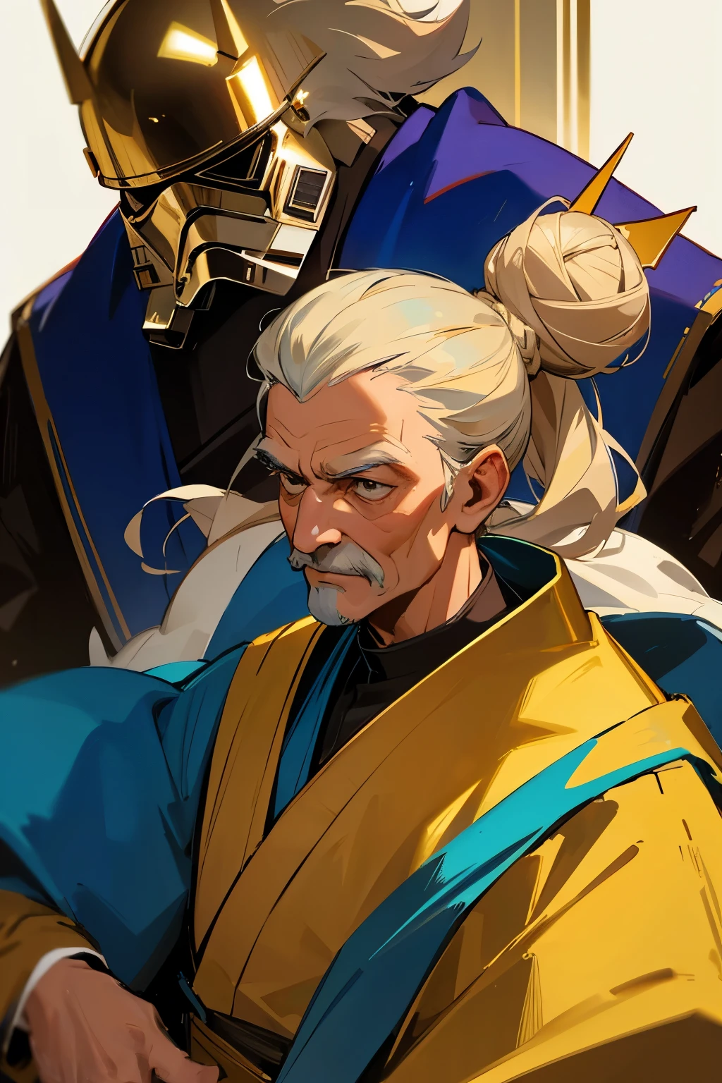 Star wars, old man, professional, hair bun, gold and blue robe, royalty