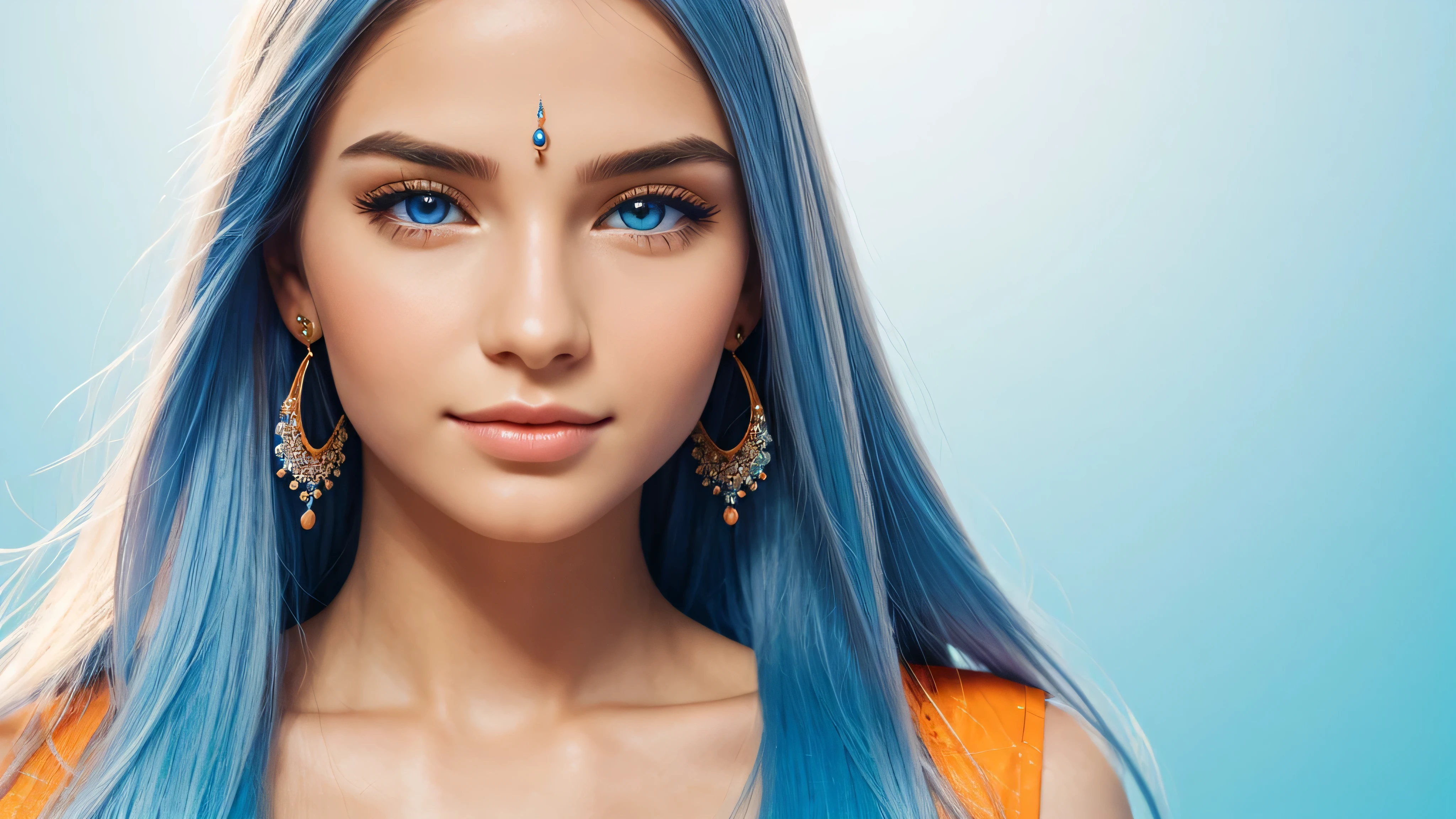 Beautiful realistic girl with BRIGHT WHITE-BLUE long hair ,Close-up of clean skin with detailed skin ,on an orange background ,bright makeup,EARRINGS WITH GLITTERS,high quality,soft colors,