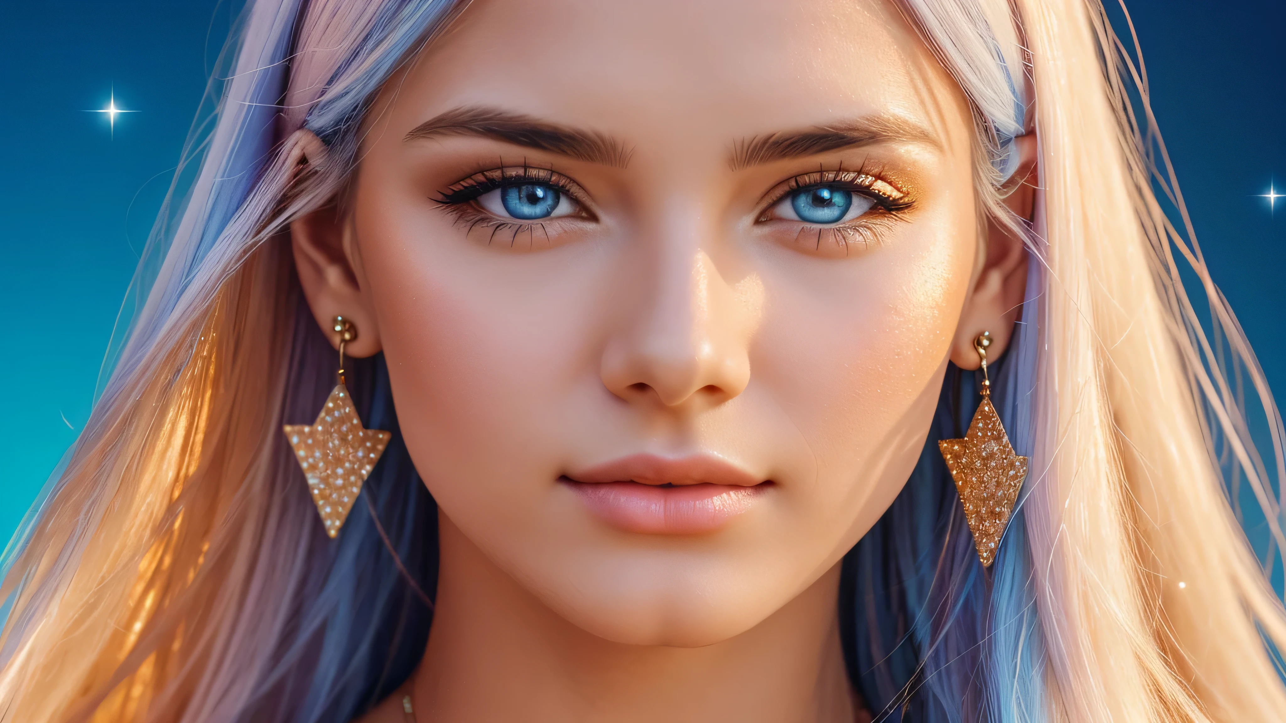Beautiful realistic girl with BRIGHT WHITE-BLUE long hair ,Close-up of clean skin with detailed skin ,on an orange background ,bright makeup,EARRINGS WITH GLITTERS,high quality,soft colors,