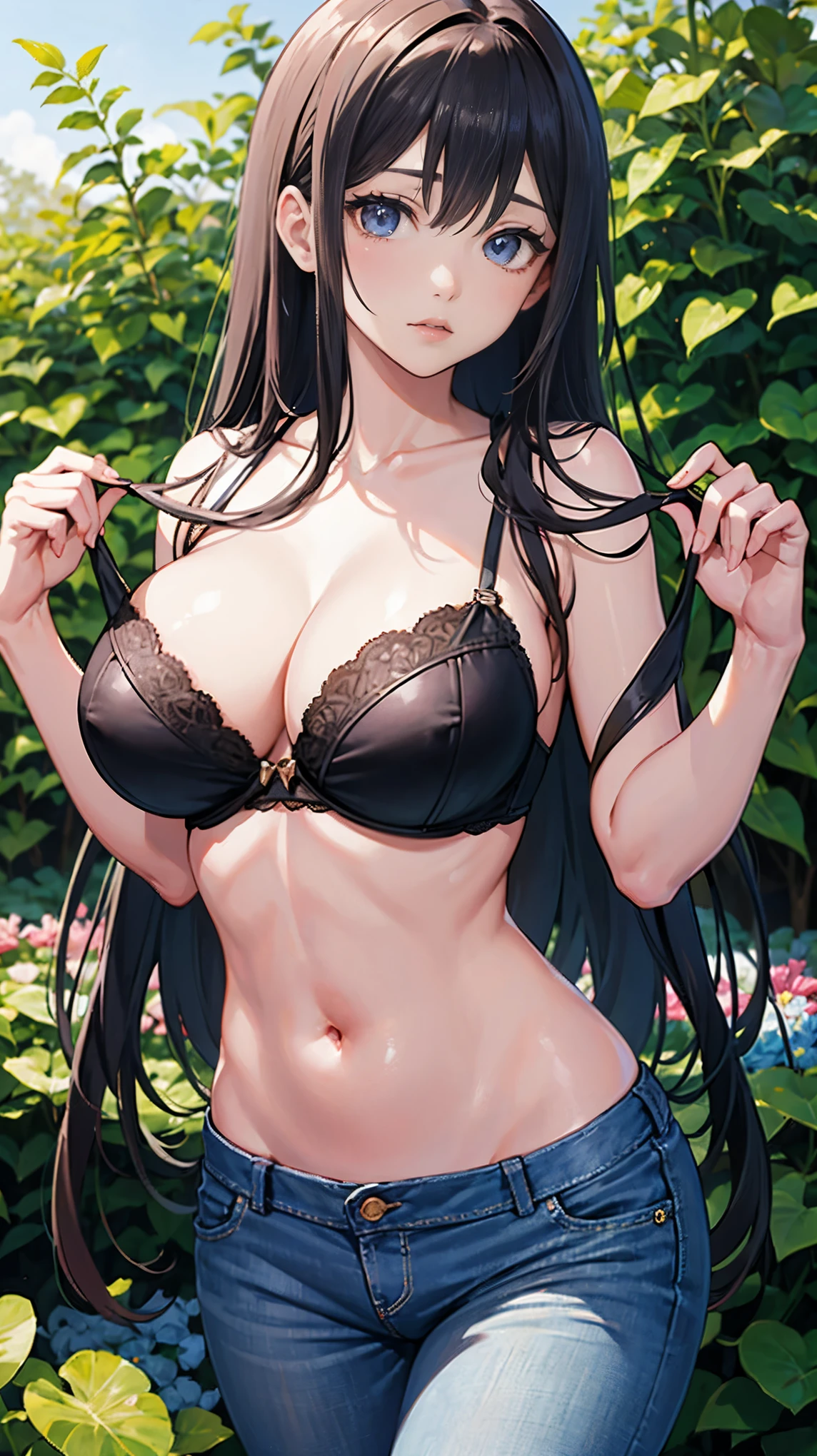 top quality,Best masterpiece,(1個Giant Breast Girl:1.5),solo,25 years old,in the garden,long black hair,,Pink underwear,jeans,face close-up,B-chest