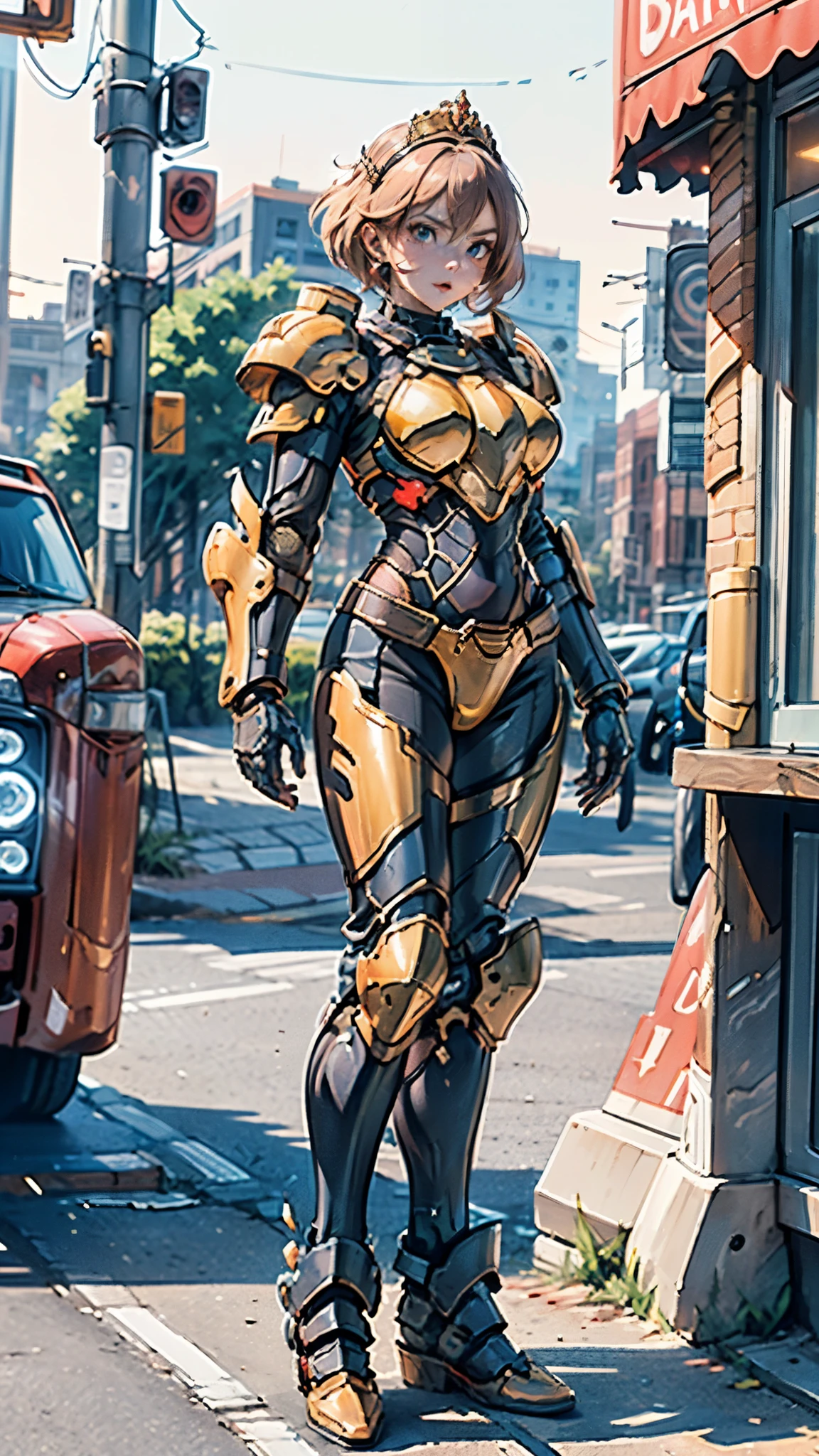 A woman adorned in fantasy-style full-body armor, a crown-concept fully enclosed helmet that unveils only her eyes, a composite layered chest plate, fully encompassing shoulder and hand guards, a lightweight waist armor, form-fitting shin guards, the overall design is heavy-duty yet flexible, ((the armor gleams with a golden glow, complemented by red and blue accents)), exhibiting a noble aura, she floats above a fantasy-surreal high-tech city, this character embodies a finely crafted fantasy-surreal style armored hero in anime style, exquisite and mature manga art style, (Queen bee mixed with Spider concept Armor, plasma, blood), ((Element, energy, elegant, goddess, femminine:1.5)), metallic, high definition, best quality, highres, ultra-detailed, ultra-fine painting, extremely delicate, professional, anatomically correct, symmetrical face, extremely detailed eyes and face, high quality eyes, creativity, RAW photo, UHD, 32k, Natural light, cinematic lighting, masterpiece-anatomy-perfect, masterpiece:1.5