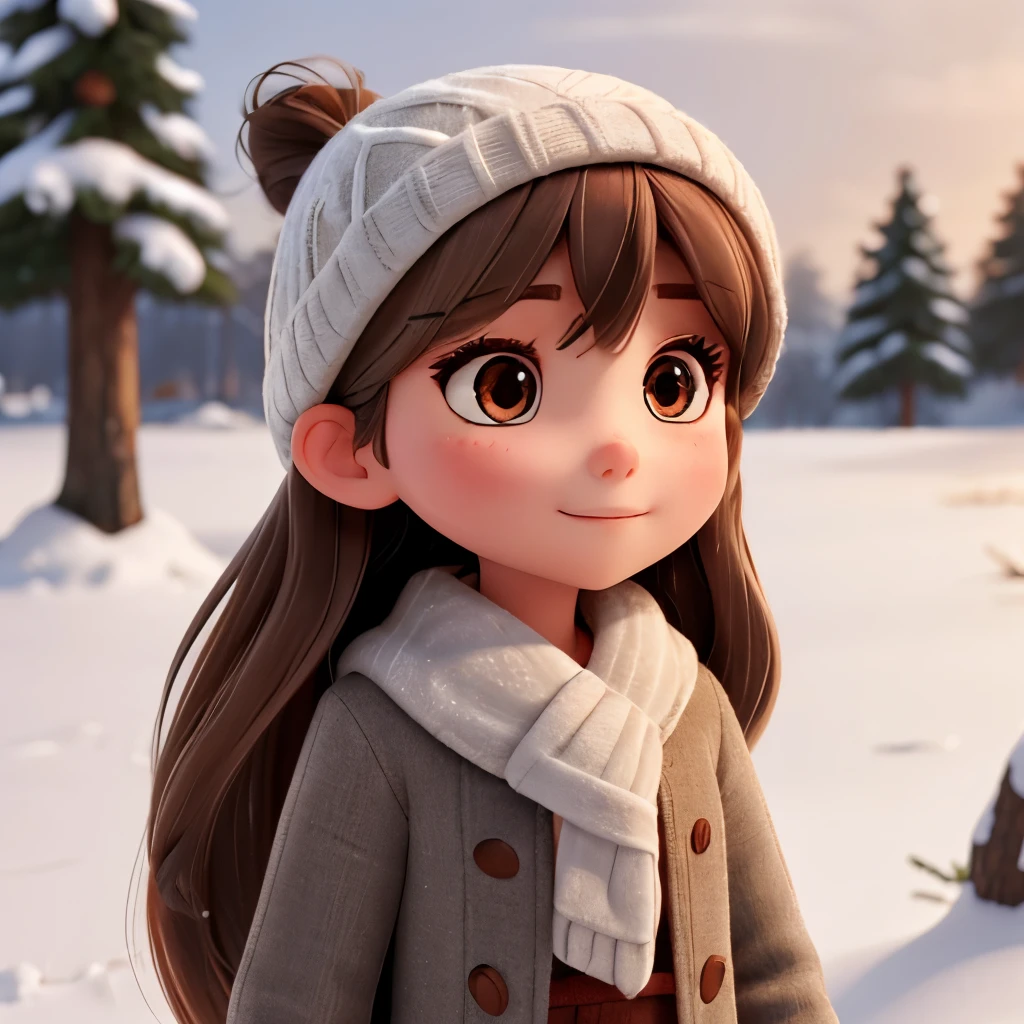 Girl, long brown hair, gray eyes, sharp features, white skin, winter style