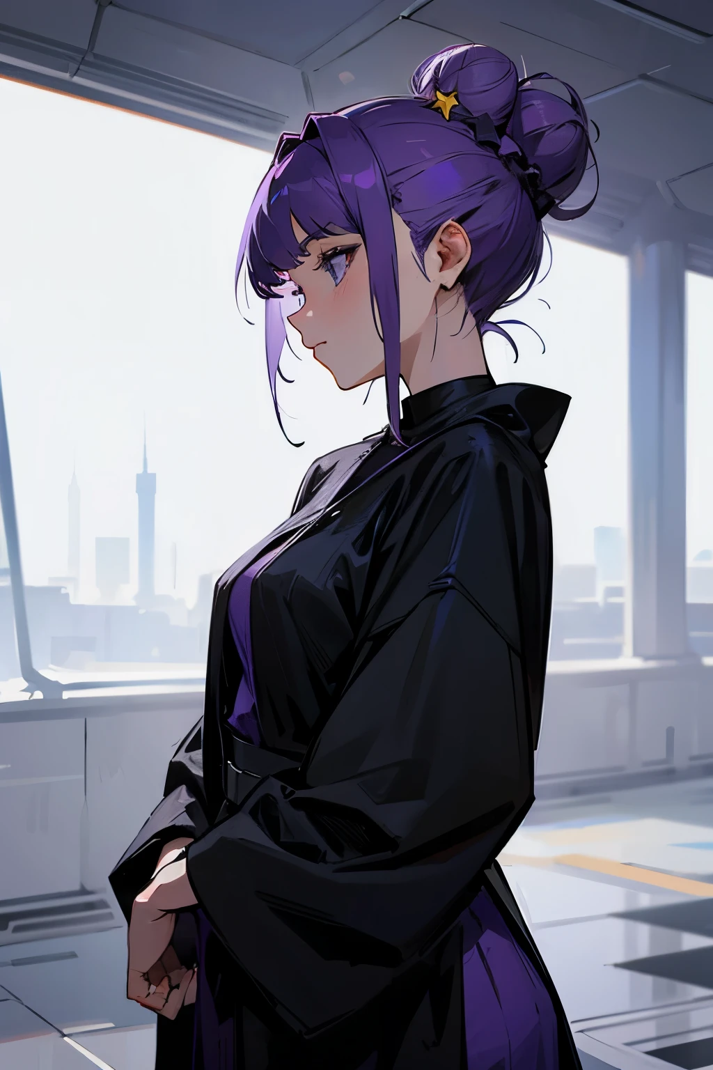 Star wars, old woman, professional, purple hair bun, black clothes, royalty,