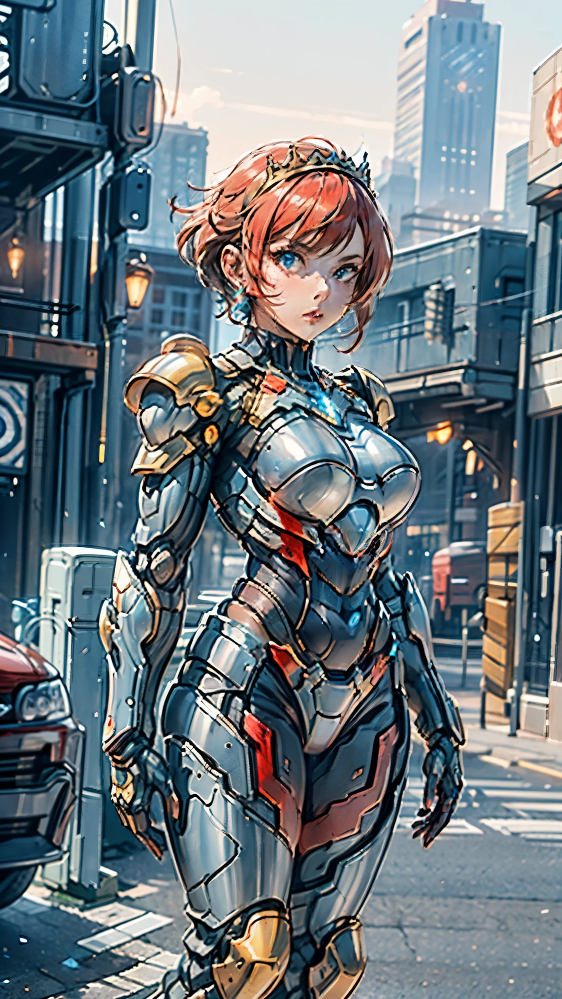 A woman adorned in fantasy-style full-body armor, a crown-concept fully enclosed helmet that unveils only her eyes, a composite layered chest plate, fully encompassing shoulder and hand guards, a lightweight waist armor, form-fitting shin guards, the overall design is heavy-duty yet flexible, ((the armor gleams with a golden glow, complemented by red and blue accents)), exhibiting a noble aura, she floats above a fantasy-surreal high-tech city, this character embodies a finely crafted fantasy-surreal style armored hero in anime style, exquisite and mature manga art style, (Queen bee mixed with Spider concept Armor, plasma, blood), ((Element, energy, elegant, goddess, femminine:1.5)), metallic, high definition, best quality, highres, ultra-detailed, ultra-fine painting, extremely delicate, professional, anatomically correct, symmetrical face, extremely detailed eyes and face, high quality eyes, creativity, RAW photo, UHD, 32k, Natural light, cinematic lighting, masterpiece-anatomy-perfect, masterpiece:1.5