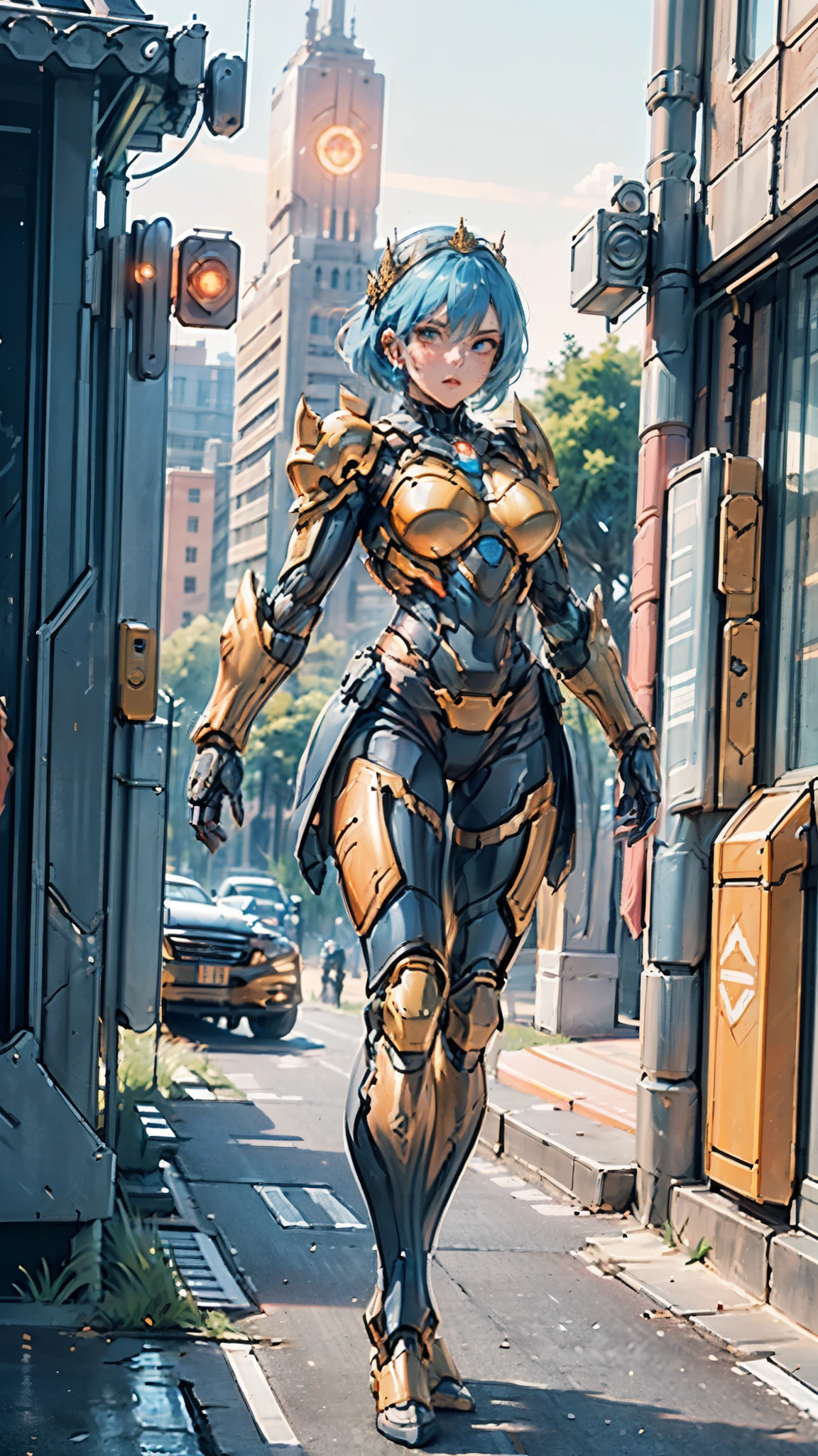 A woman adorned in fantasy-style full-body armor, a crown-concept fully enclosed helmet that unveils only her eyes, a composite layered chest plate, fully encompassing shoulder and hand guards, a lightweight waist armor, form-fitting shin guards, the overall design is heavy-duty yet flexible, ((the armor gleams with a golden glow, complemented by red and blue accents)), exhibiting a noble aura, she floats above a fantasy-surreal high-tech city, this character embodies a finely crafted fantasy-surreal style armored hero in anime style, exquisite and mature manga art style, (Queen bee mixed with Spider concept Armor, plasma, blood), ((Element, energy, elegant, goddess, femminine:1.5)), metallic, high definition, best quality, highres, ultra-detailed, ultra-fine painting, extremely delicate, professional, anatomically correct, symmetrical face, extremely detailed eyes and face, high quality eyes, creativity, RAW photo, UHD, 32k, Natural light, cinematic lighting, masterpiece-anatomy-perfect, masterpiece:1.5