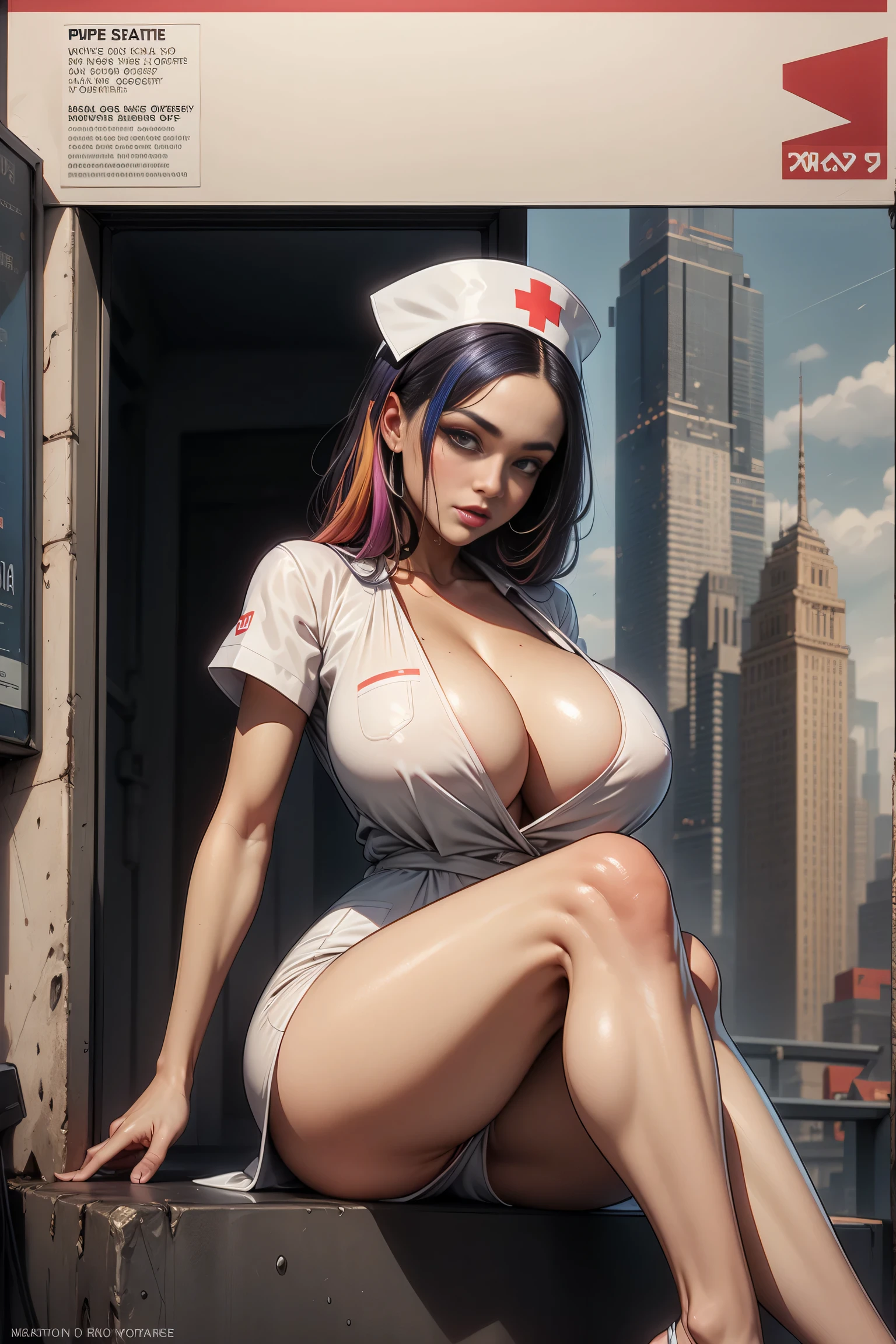 (Masterpiece, Best Quality), 8k Wallpaper, highly detailed, poster, vintage sci-fi film, 1960s, a magazine cover with sexy giant nurse towering over a tiny city, a portrait by Paul Kane, cinematic movie poster, perfect face, colorful hair, Attack of the 50 foot woman, giant woman, tiny city, lines, abstract, mid century modern, movie poster, vintage, white nurse uniform, stiletto high heel shoes, tiny destroyed skyscrapers city, retrofuturism, pulp sci fi, pulp sci-fi, 60's pulp illustration, scifi pulp, pulp book cover art, pulp scifi, old retro pulp comic cover, pulp science fiction, pulp scifi illustration, vintage scifi, skyscrapers sized under her knee