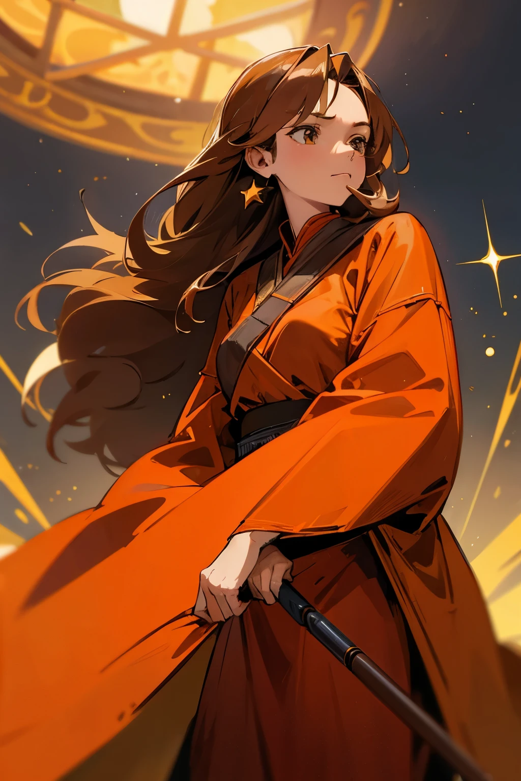 Star wars, old woman, professional, brown long hair, golden red clothes, royalty, hazel eyes
