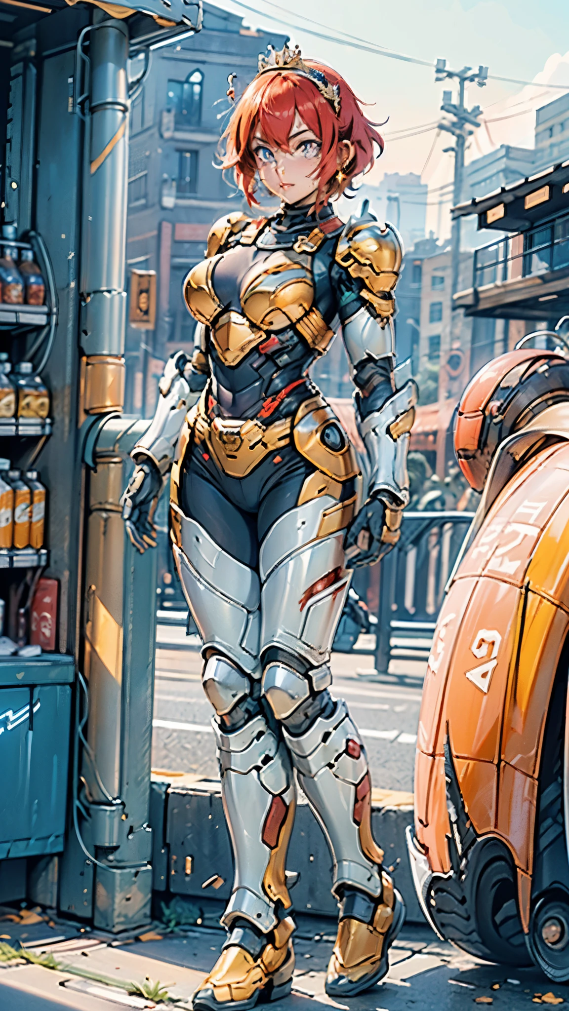 A woman adorned in fantasy-style full-body armor, a crown-concept fully enclosed helmet that unveils only her eyes, a composite layered chest plate, fully encompassing shoulder and hand guards, a lightweight waist armor, form-fitting shin guards, the overall design is heavy-duty yet flexible, ((the armor gleams with a golden glow, complemented by red and blue accents)), exhibiting a noble aura, she floats above a fantasy-surreal high-tech city, this character embodies a finely crafted fantasy-surreal style armored hero in anime style, exquisite and mature manga art style, (Queen bee mixed with Spider concept Armor, plasma, blood), ((Element, energy, elegant, goddess, femminine:1.5)), metallic, high definition, best quality, highres, ultra-detailed, ultra-fine painting, extremely delicate, professional, anatomically correct, symmetrical face, extremely detailed eyes and face, high quality eyes, creativity, RAW photo, UHD, 32k, Natural light, cinematic lighting, masterpiece-anatomy-perfect, masterpiece:1.5