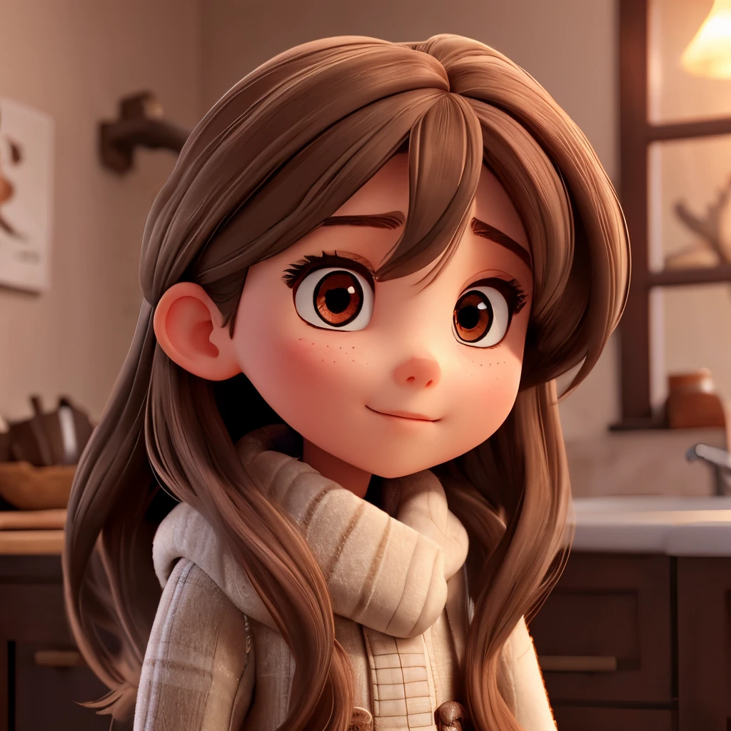 Girl, long brown hair, gray eyes, sharp features, white skin, winter style