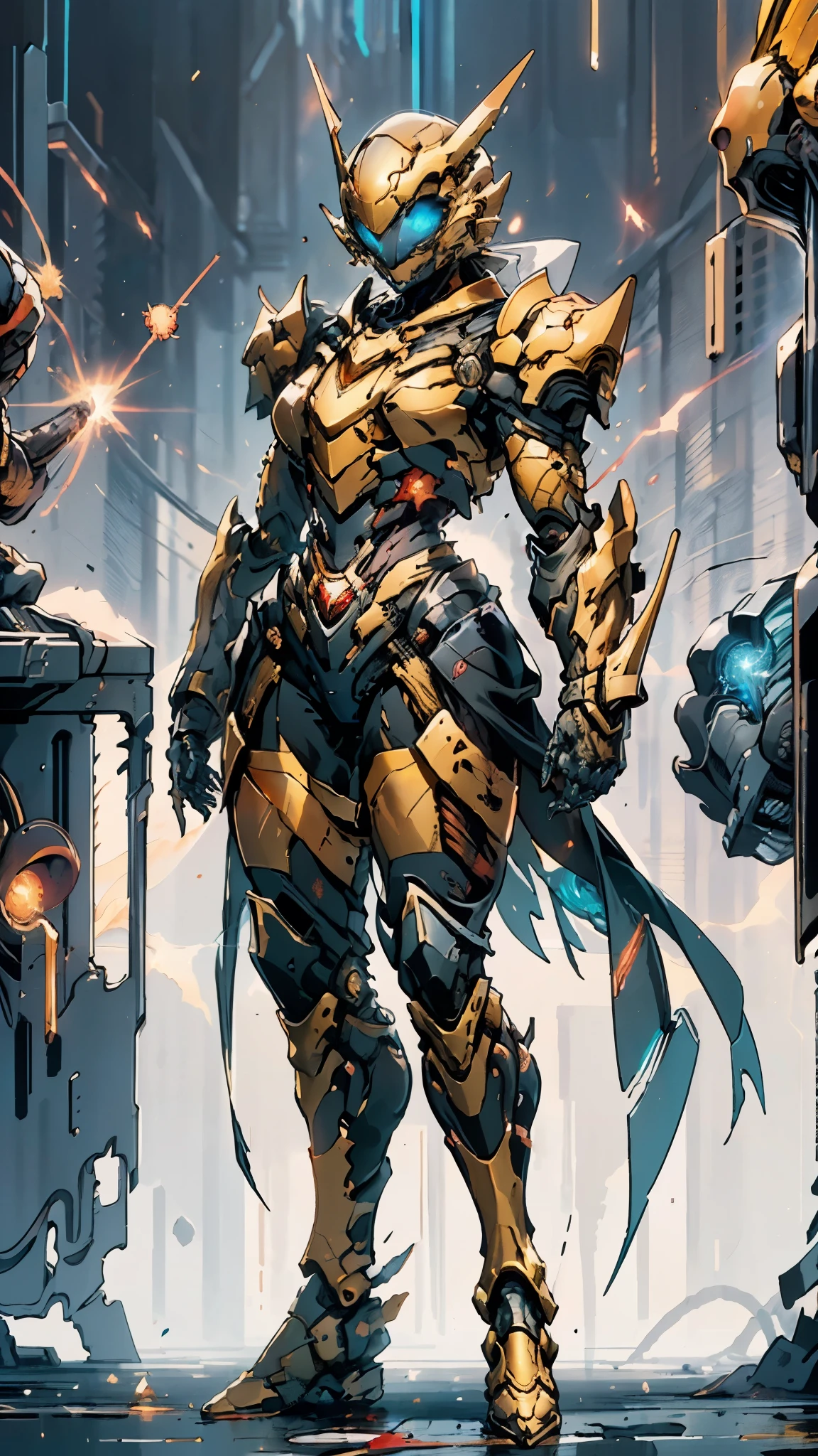 A woman adorned in fantasy-style full-body armor, a crown-concept fully enclosed helmet that unveils only her eyes, a composite layered chest plate, fully encompassing shoulder and hand guards, a lightweight waist armor, form-fitting shin guards, the overall design is heavy-duty yet flexible, ((the armor gleams with a golden glow, complemented by red and blue accents)), exhibiting a noble aura, she floats above a fantasy-surreal high-tech city, this character embodies a finely crafted fantasy-surreal style armored hero in anime style, exquisite and mature manga art style, (Queen bee mixed with Spider concept Armor, plasma, blood), ((Element, energy, elegant, goddess, femminine:1.5)), metallic, high definition, best quality, highres, ultra-detailed, ultra-fine painting, extremely delicate, professional, anatomically correct, symmetrical face, extremely detailed eyes and face, high quality eyes, creativity, RAW photo, UHD, 32k, Natural light, cinematic lighting, masterpiece-anatomy-perfect, masterpiece:1.5