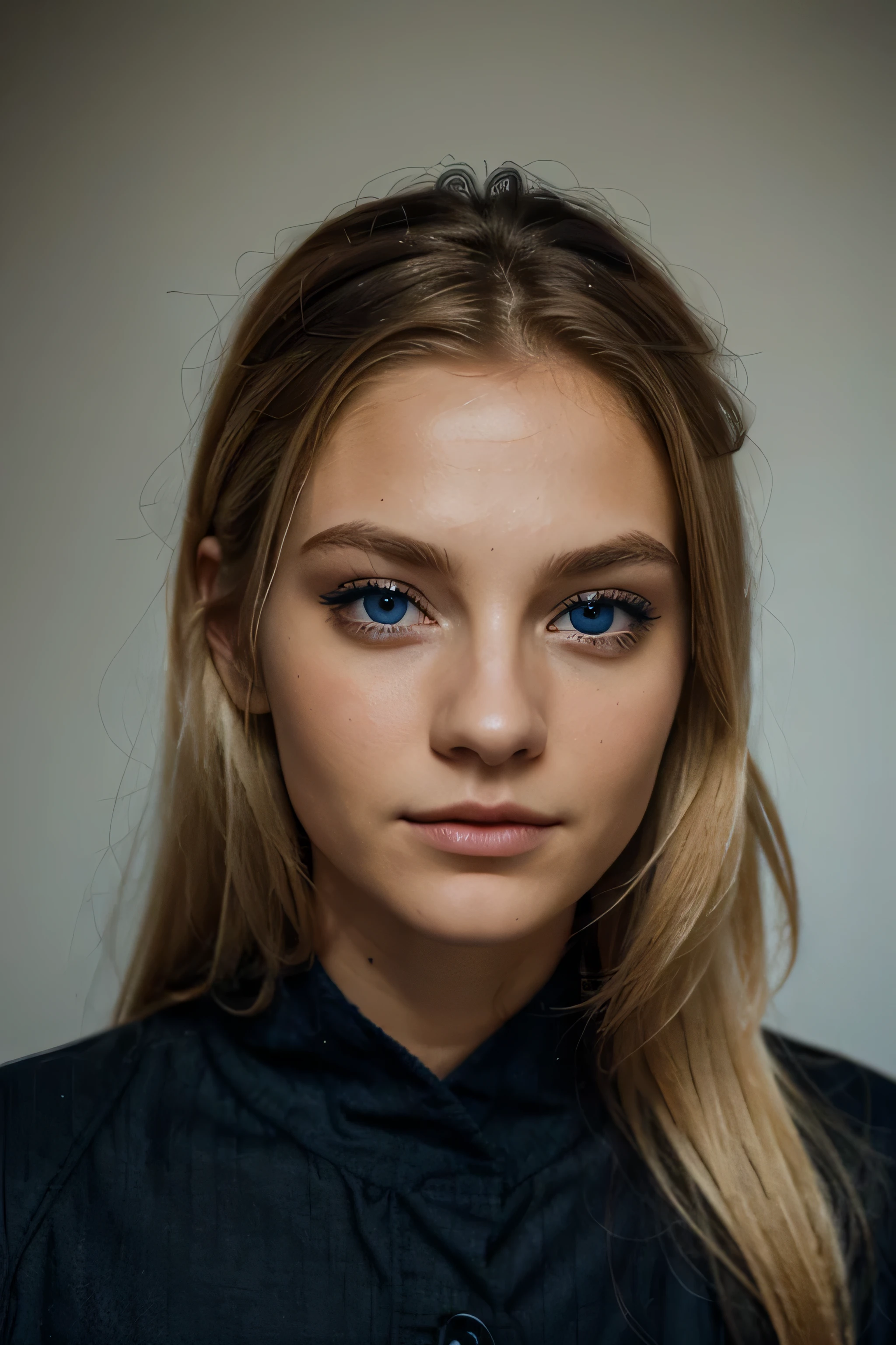 blond with dark blue eyes with texture on face and pors, rinkles