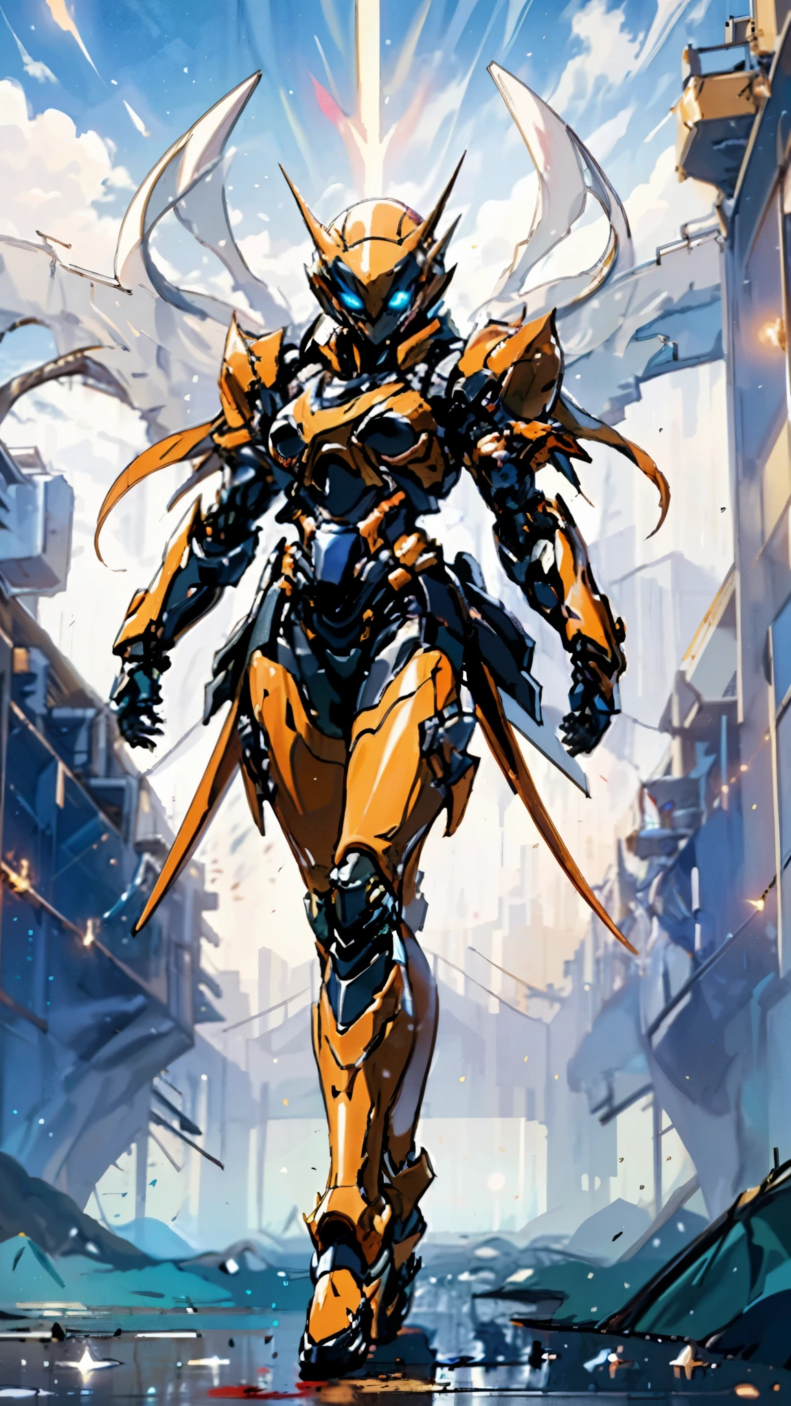 A woman adorned in fantasy-style full-body armor, a crown-concept fully enclosed helmet that unveils only her eyes, a composite layered chest plate, fully encompassing shoulder and hand guards, a lightweight waist armor, form-fitting shin guards, the overall design is heavy-duty yet flexible, ((the armor gleams with a golden glow, complemented by red and blue accents)), exhibiting a noble aura, she floats above a fantasy-surreal high-tech city, this character embodies a finely crafted fantasy-surreal style armored hero in anime style, exquisite and mature manga art style, (Queen bee mixed with Spider concept Armor, plasma, blood), ((Element, energy, elegant, goddess, femminine:1.5)), metallic, high definition, best quality, highres, ultra-detailed, ultra-fine painting, extremely delicate, professional, anatomically correct, symmetrical face, extremely detailed eyes and face, high quality eyes, creativity, RAW photo, UHD, 32k, Natural light, cinematic lighting, masterpiece-anatomy-perfect, masterpiece:1.5