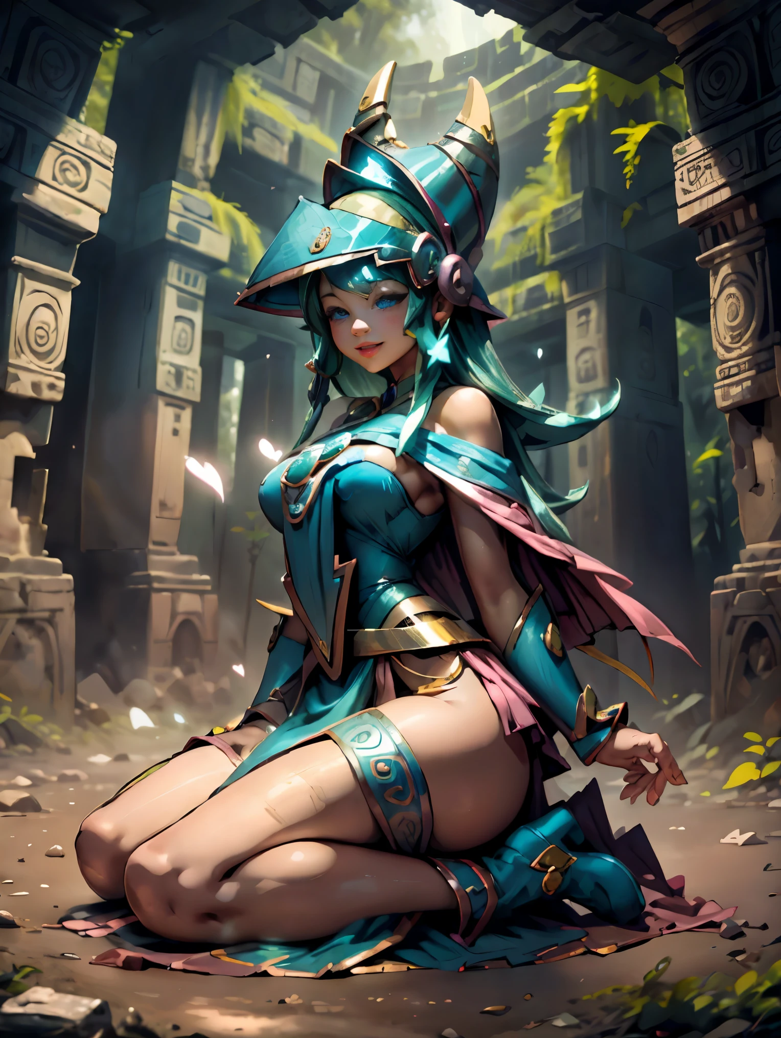 Dark magician gils vestida con traje maya, ella esta parada, Magic hearts background. Sonrisa en sus labios. Ojos celestes. Cabello rubio. Pose sensual. Levitando en una pie. Background of Mayan ruins and a magical stone portal