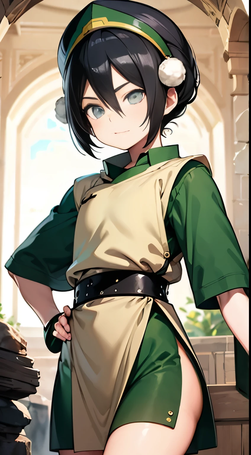 ultra realistic, 8  girl, short black hair, blind, toph beifong, rocky plain , ultra detalhada