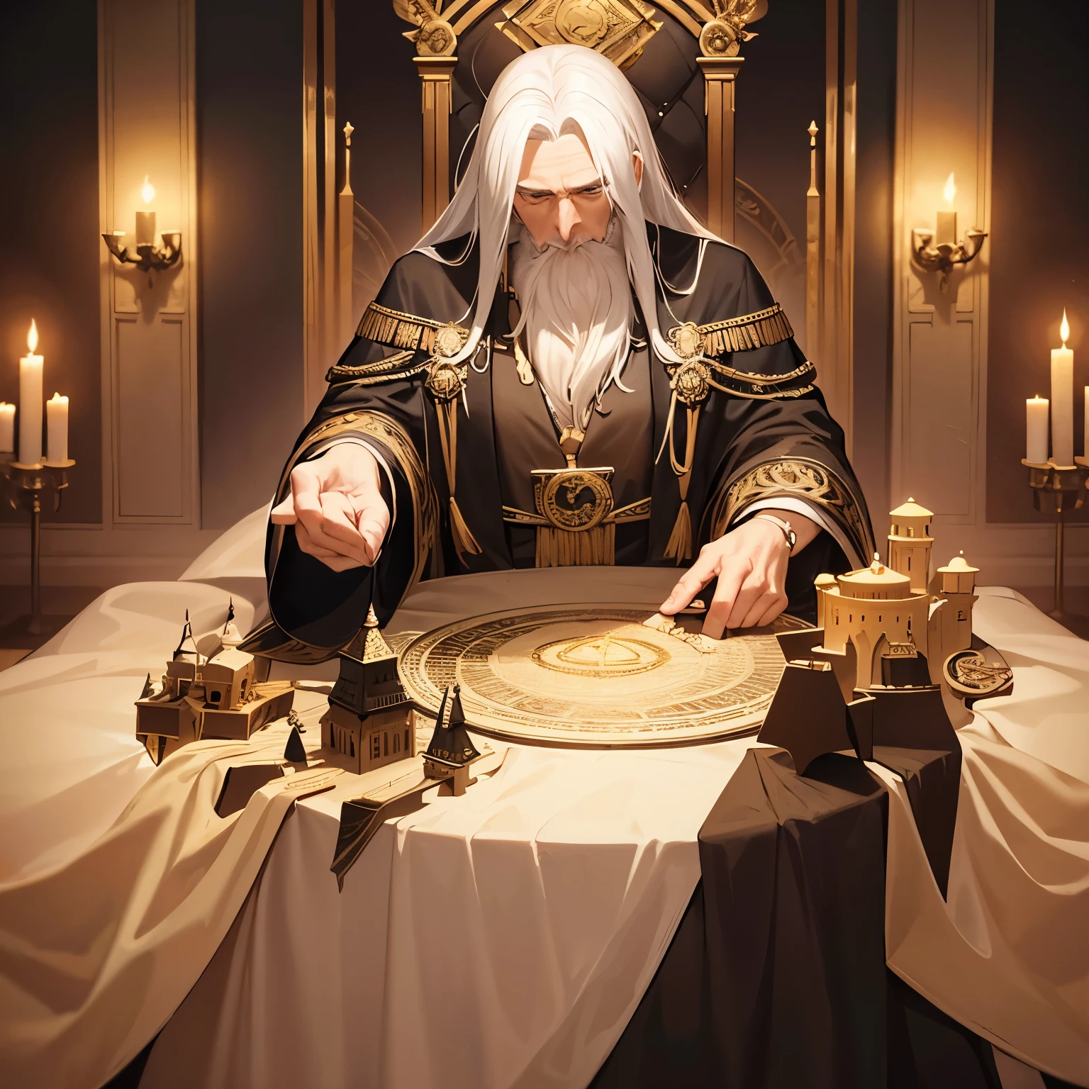 Old wise tall man with long white hair, black and gold robe, leaning on the round table, looking straight in the camera, building sand castle with magic, epic and dim round room