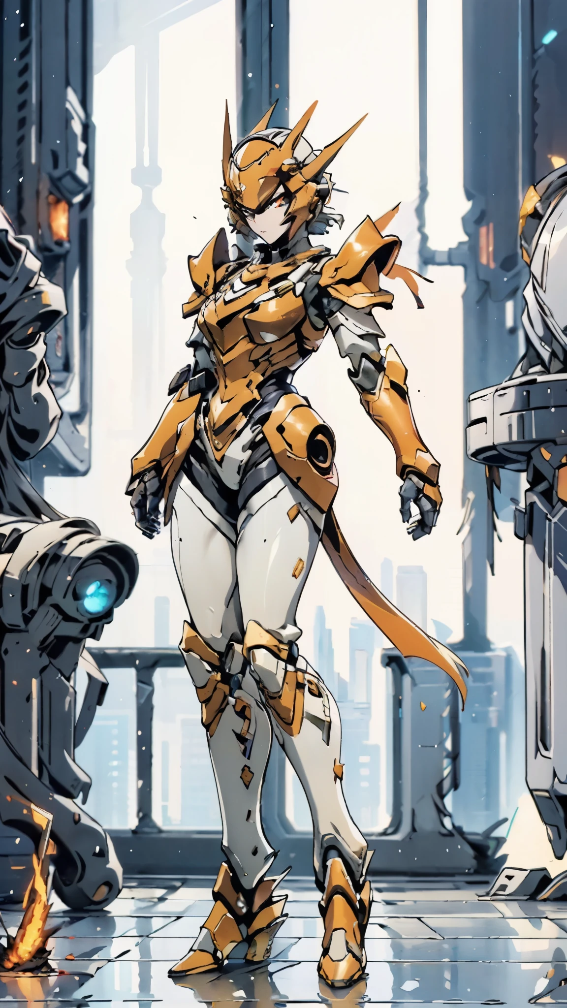 A woman adorned in fantasy-style full-body armor, a crown-concept fully enclosed helmet that unveils only her eyes, a composite layered chest plate, fully encompassing shoulder and hand guards, a lightweight waist armor, form-fitting shin guards, the overall design is heavy-duty yet flexible, ((the armor gleams with a golden glow, complemented by red and blue accents)), exhibiting a noble aura, she floats above a fantasy-surreal high-tech city, this character embodies a finely crafted fantasy-surreal style armored hero in anime style, exquisite and mature manga art style, (Queen bee mixed with Spider concept Armor, plasma, blood), ((Element, energy, elegant, goddess, femminine:1.5)), metallic, high definition, best quality, highres, ultra-detailed, ultra-fine painting, extremely delicate, professional, anatomically correct, symmetrical face, extremely detailed eyes and face, high quality eyes, creativity, RAW photo, UHD, 32k, Natural light, cinematic lighting, masterpiece-anatomy-perfect, masterpiece:1.5