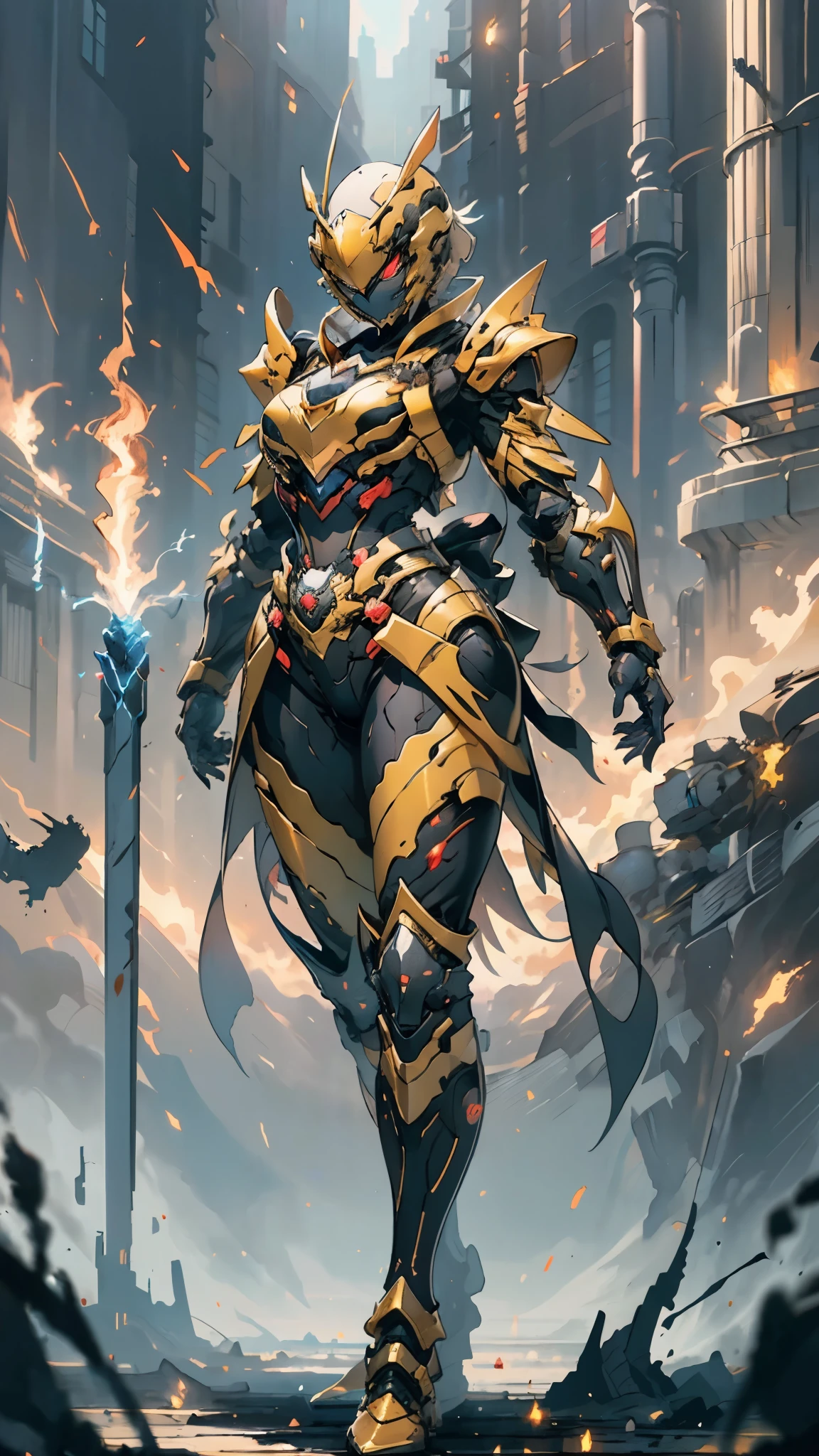 A woman adorned in fantasy-style full-body armor, a crown-concept fully enclosed helmet that unveils only her eyes, a composite layered chest plate, fully encompassing shoulder and hand guards, a lightweight waist armor, form-fitting shin guards, the overall design is heavy-duty yet flexible, ((the armor gleams with a golden glow, complemented by red and blue accents)), exhibiting a noble aura, she floats above a fantasy-surreal high-tech city, this character embodies a finely crafted fantasy-surreal style armored hero in anime style, exquisite and mature manga art style, (Queen bee mixed with Spider concept Armor, plasma, blood), ((Element, energy, elegant, goddess, femminine:1.5)), metallic, high definition, best quality, highres, ultra-detailed, ultra-fine painting, extremely delicate, professional, anatomically correct, symmetrical face, extremely detailed eyes and face, high quality eyes, creativity, RAW photo, UHD, 32k, Natural light, cinematic lighting, masterpiece-anatomy-perfect, masterpiece:1.5