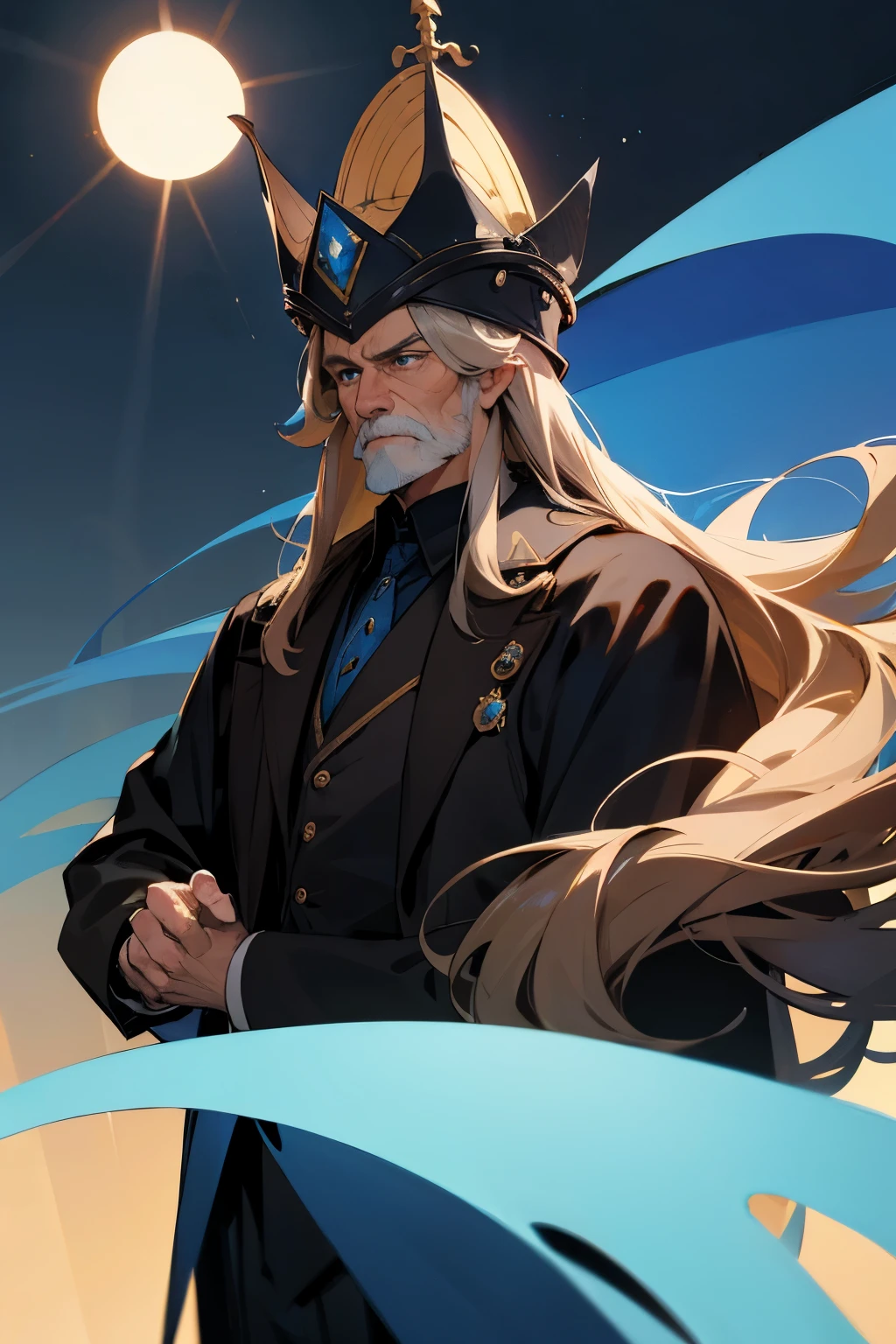 old man, professional, brown long hair, blue and black clothes, royalty, blue eyes, sun